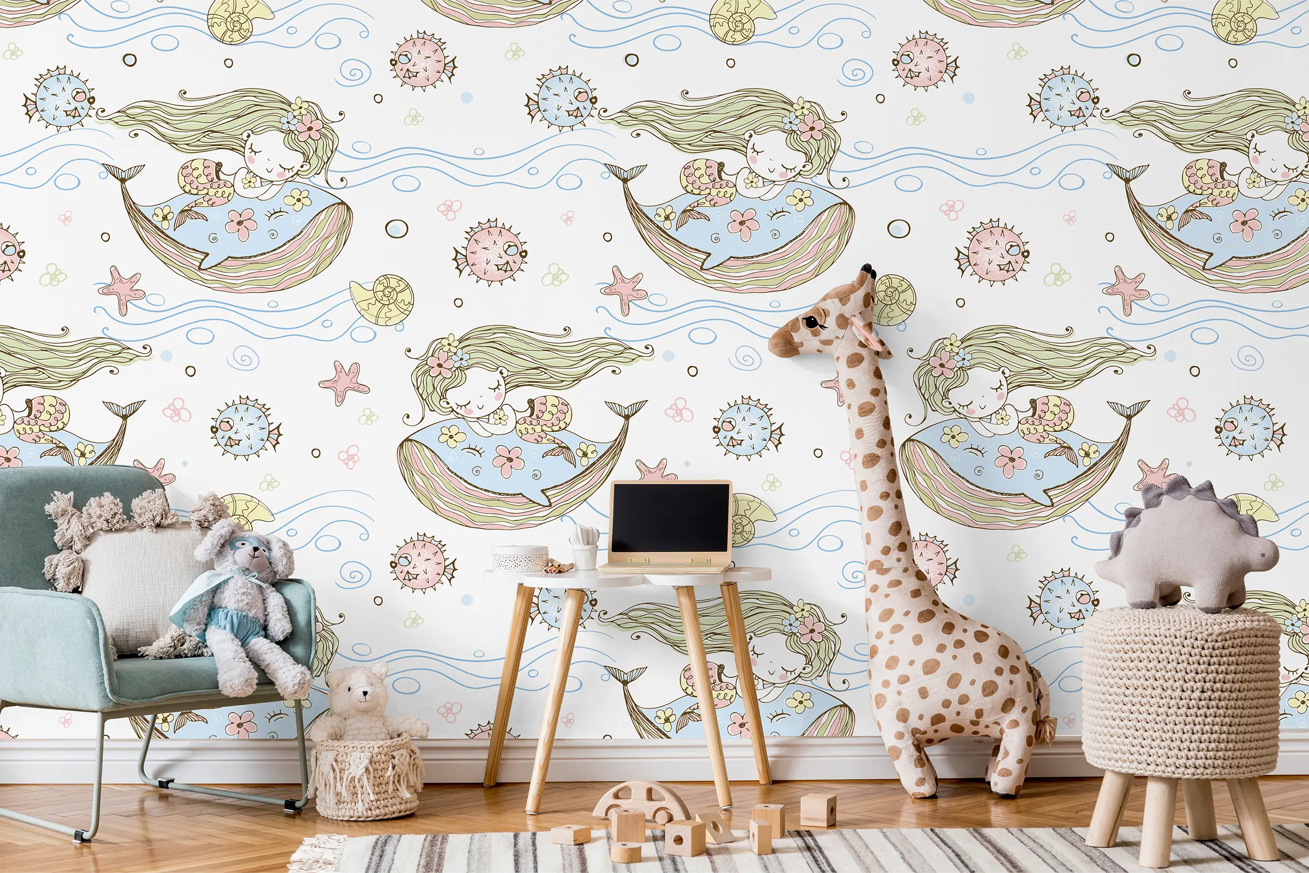 Interior Wall Arts – Mermaid Wallpaper, Dreamy Peel & Stick Underwater Wall Mural, Sea-Inspired Nursery Wallpaper for Baby Girl Room, Removable Mural Interior Wall Arts introduces a dreamy Mermaid Wallpaper designed for baby girl nurseries. With soft underwater tones and whimsical mermaid illustrations, this peel and stick mural adds magic and serenity to any room. Easy to apply and remove, it’s perfect for sea-inspired décor that brings gentle fantasy to your little one’s space.