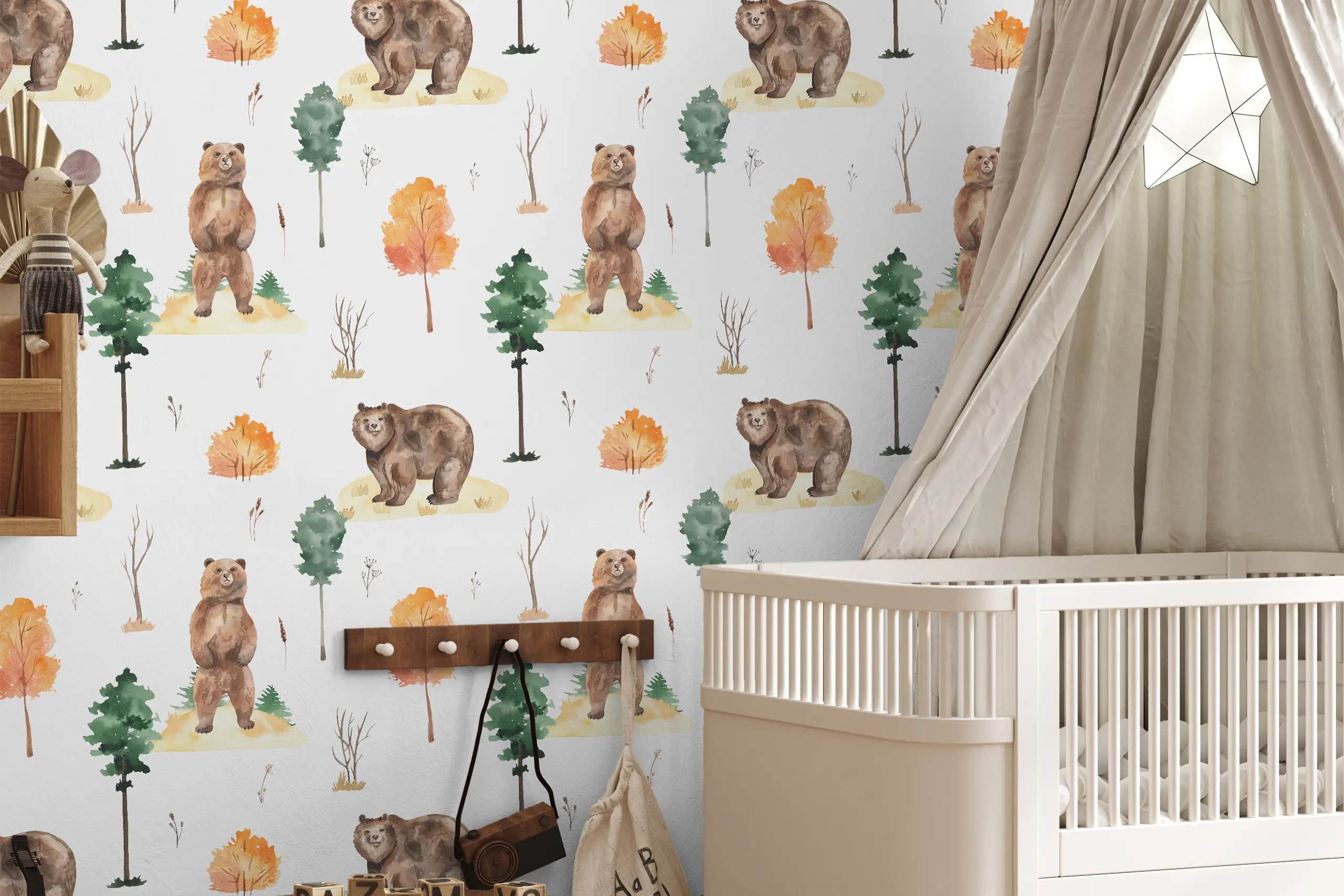 Interior Wall Arts – Bear and Forest Tree Wallpaper for Nursery, Neutral Peel and Stick Woodland Wall Mural for Kids Room, Removable Nature-Inspired Wallpaper Interior Wall Arts – Add a cozy woodland feel to your nursery or kids’ room with this bear and forest tree wallpaper. Featuring soft neutral colors and charming forest elements, this peel and stick mural is easy to install and remove. Perfect for creating a peaceful, nature-inspired environment for little ones.