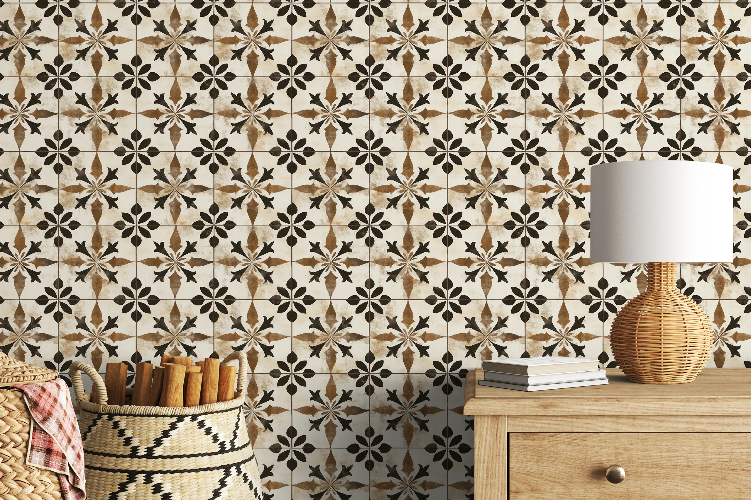 Interior Wall Arts – Beige and Brown Vintage Peel and Stick Wallpaper, Intricate Tile Pattern for Bathroom or Kitchen, Self-Adhesive Removable Classic Decor Interior Wall Arts presents a beige and brown vintage wallpaper featuring an intricate tile design. This peel and stick wallpaper is perfect for kitchens or bathrooms, offering a removable, self-adhesive solution for easy styling. Its classic pattern and warm tones add timeless elegance and charm to any traditional or modern space.