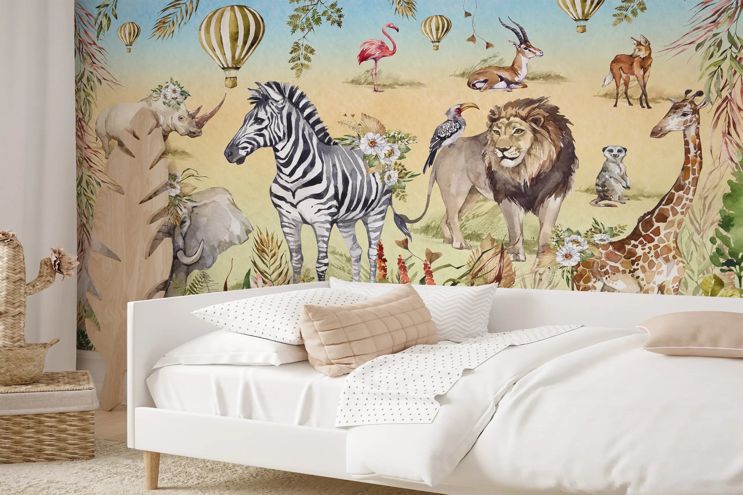 Interior Wall Arts – Blue Sky Safari Wallpaper, Peel and Stick Jungle Wall Mural with Forest Animals, Dreamy Savanna View for Little Adventurers’ Wall Murals Interior Wall Arts presents a dreamy Blue Sky Safari Wallpaper designed for little adventurers. Featuring forest animals under wide open skies and a lush savanna setting, this peel and stick mural brings imagination to life. Easy to apply and remove, it’s perfect for nurseries or playrooms seeking a calm yet adventurous jungle theme.