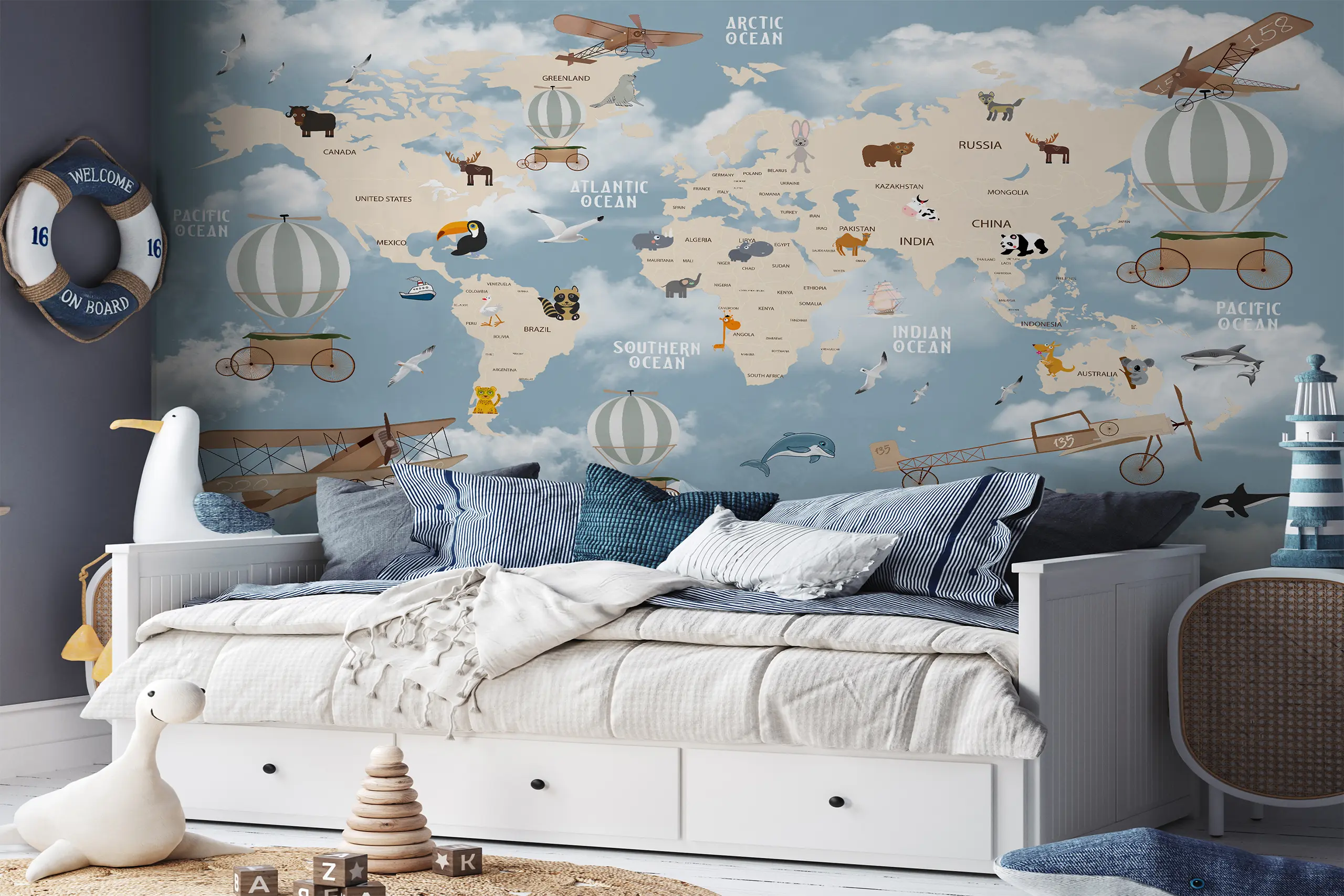 Blue Sky Peel and Stick World Map Wallpaper, Educational Wall Mural for Kids Room, Geography Nursery Wall Art, Learning Mural for Children Inspire learning with our Blue Sky World Map Peel and Stick Wallpaper. Featuring bright skies and detailed map design, this educational mural is perfect for kids’ rooms, nurseries, and play areas. The self-adhesive material allows for easy, damage-free installation and removal, creating a fun and engaging environment for children to explore the world.