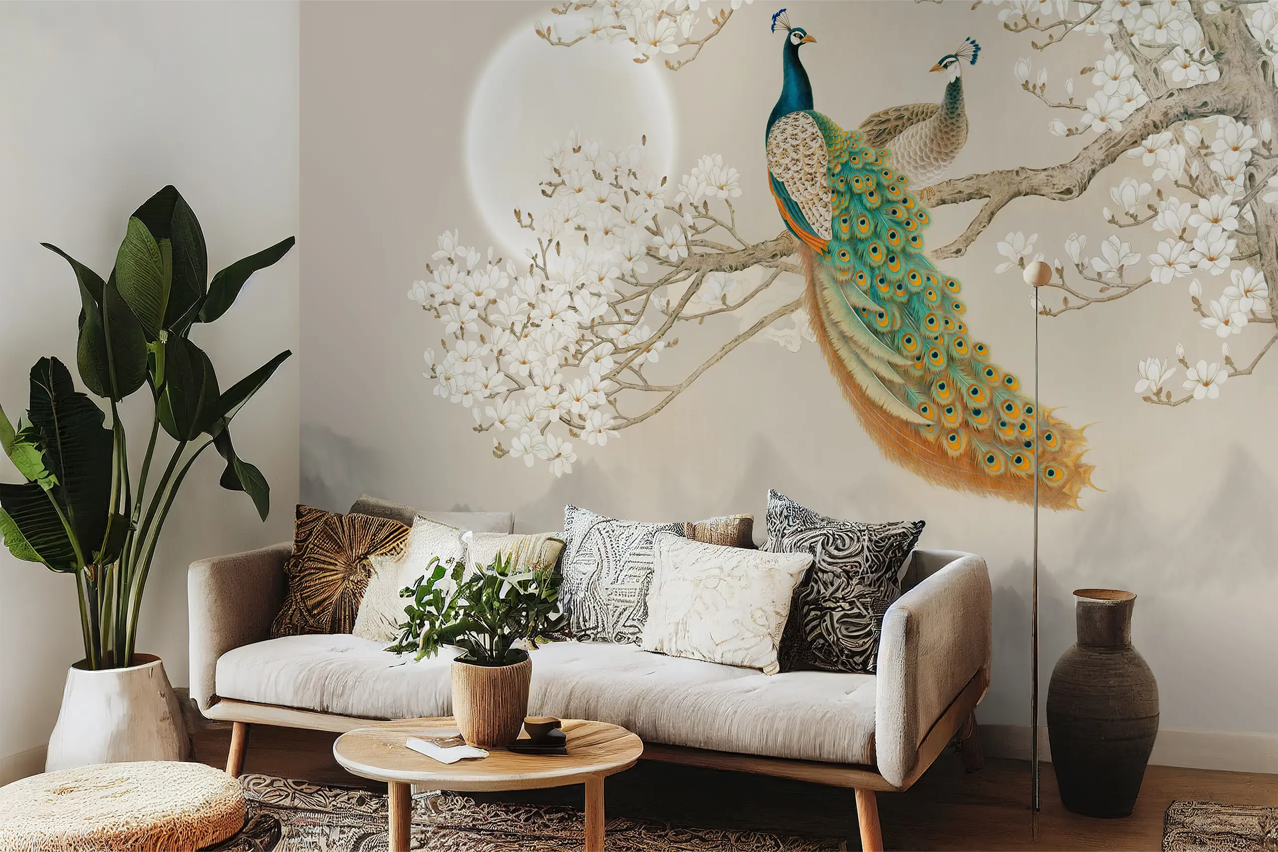 Interior Wall Arts Chinoiserie Peacock and Tree Peel and Stick Wallpaper, Removable Wall Mural for Nursery or Bedroom, Elegant Self-Adhesive Classic Mural Interior Wall Arts - Elegant Chinoiserie peacock and tree peel and stick wallpaper adds classic charm to bedrooms or nurseries. This removable, self-adhesive mural is easy to install and remove, offering timeless decor. Made from durable, high-quality materials for a smooth finish and long-lasting beauty.