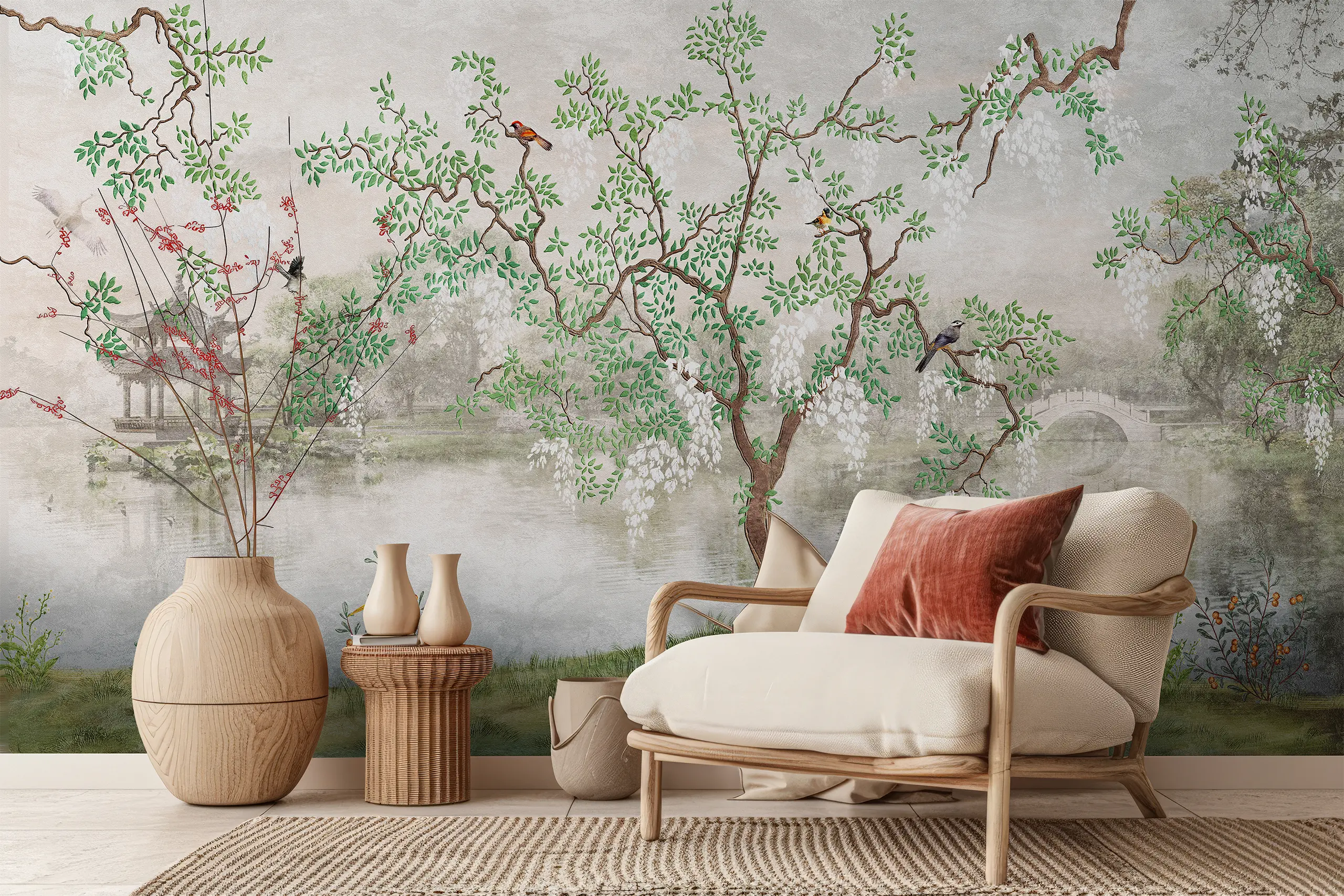 Interior Wall Arts Chinoiserie Tree Peel and Stick Wallpaper, Birds on Branches Forest Wall Mural for Living Room or Bedroom, Elegant Removable Classic Mural Interior Wall Arts - Elegant beige and green Chinoiserie peel and stick wallpaper with birds on branches. Perfect for bedrooms and living rooms. Easy to apply and remove, this self-adhesive mural creates a timeless, sophisticated look. High-quality material offers durability, smooth finish, and long-lasting beauty.