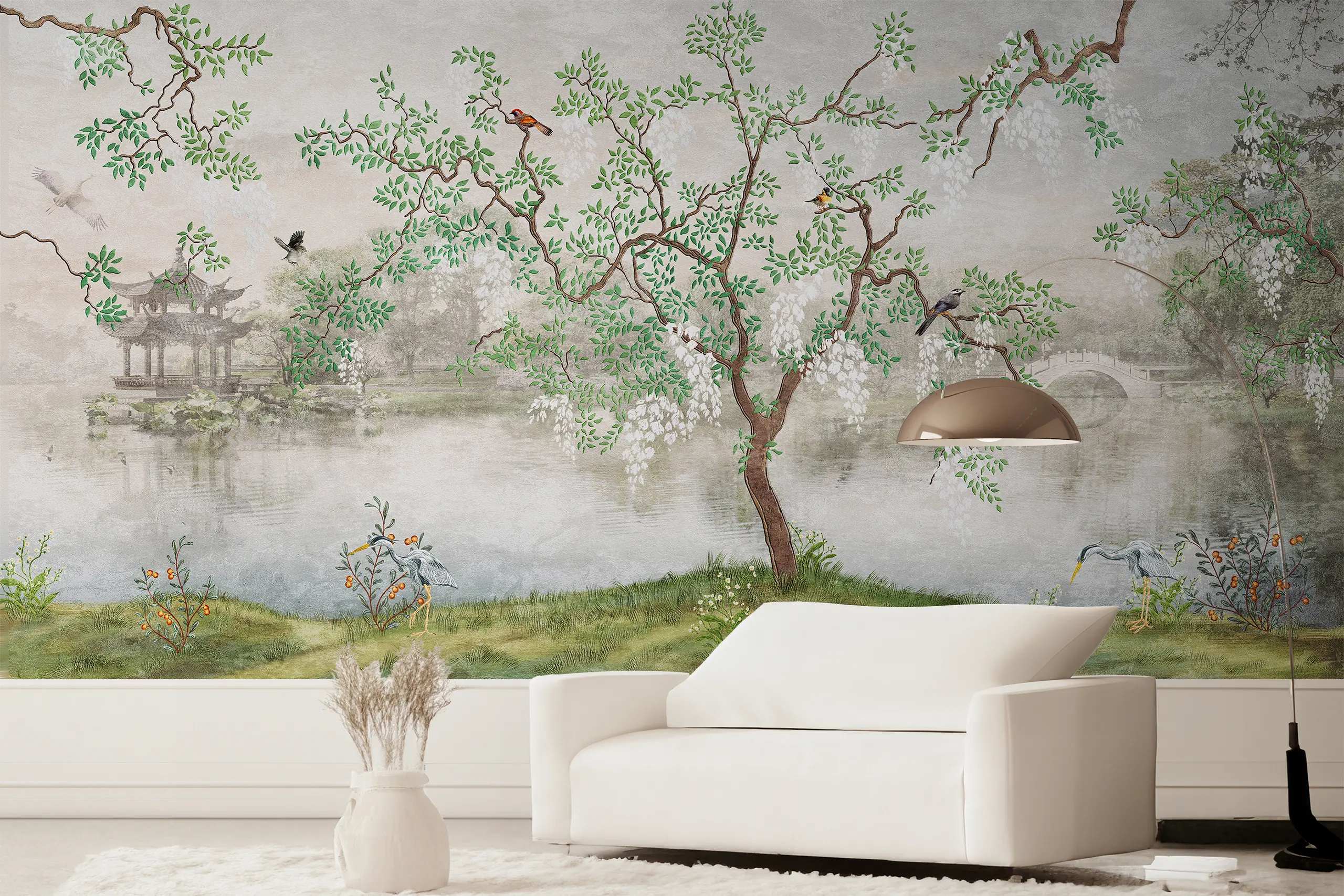 Interior Wall Arts Chinoiserie Tree Peel and Stick Wallpaper, Birds on Branches Forest Wall Mural for Living Room or Bedroom, Elegant Removable Classic Mural Interior Wall Arts - Elegant beige and green Chinoiserie peel and stick wallpaper with birds on branches. Perfect for bedrooms and living rooms. Easy to apply and remove, this self-adhesive mural creates a timeless, sophisticated look. High-quality material offers durability, smooth finish, and long-lasting beauty.