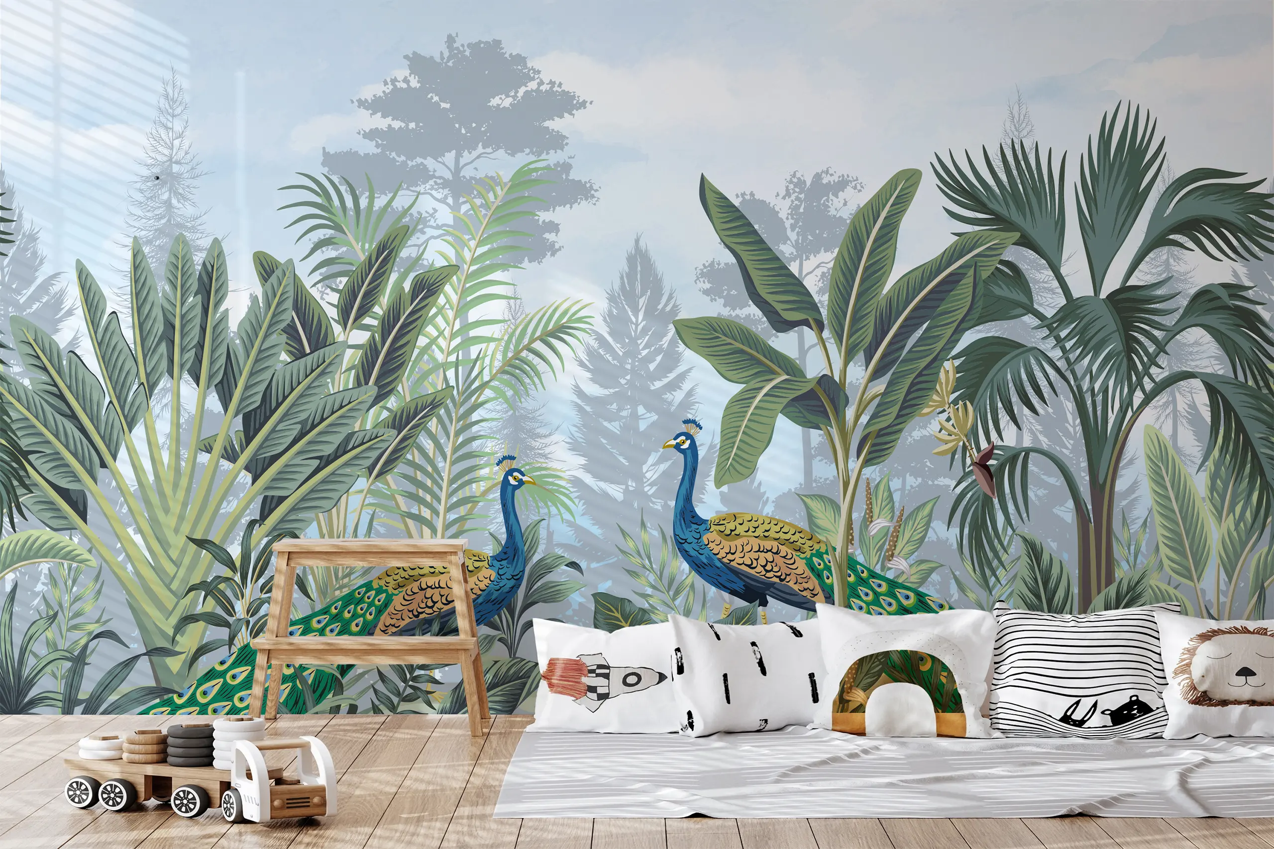 Interior Wall Arts – Colorful Peacock and Tropical Tree Wallpaper, Jungle Animal Peel and Stick Wall Mural for Nursery or Kids Room, Removable Exotic Wallpaper Interior Wall Arts – Add exotic elegance to your nursery or kids’ room with this colorful peacock and tropical tree wallpaper. Featuring lush jungle foliage and majestic animals, this peel and stick mural is easy to apply and remove. It brings vibrant, nature-inspired charm to any playful and imaginative space.