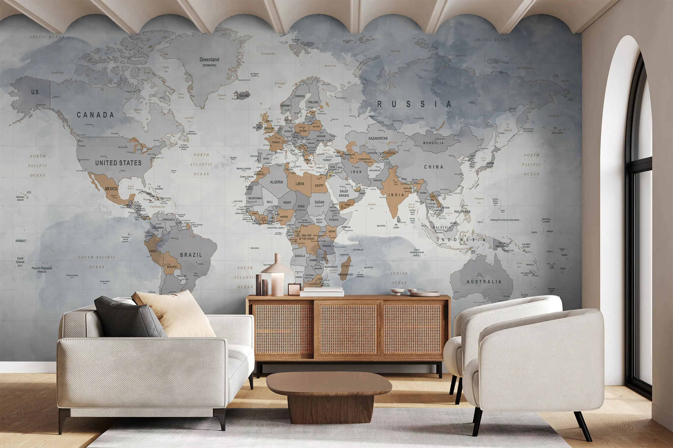 Gray and Brown World Map Peel and Stick Wallpaper, Custom Removable Wall Mural for Office or Living Room, Self-Adhesive Modern Travel Decor Add modern warmth to your space with our Gray and Brown World Map Peel and Stick Wallpaper. This custom removable mural features neutral tones and detailed map design, perfect for offices, living rooms, or travel-inspired interiors. The self-adhesive material ensures easy, damage-free installation and removal, bringing sophistication and style to any room.