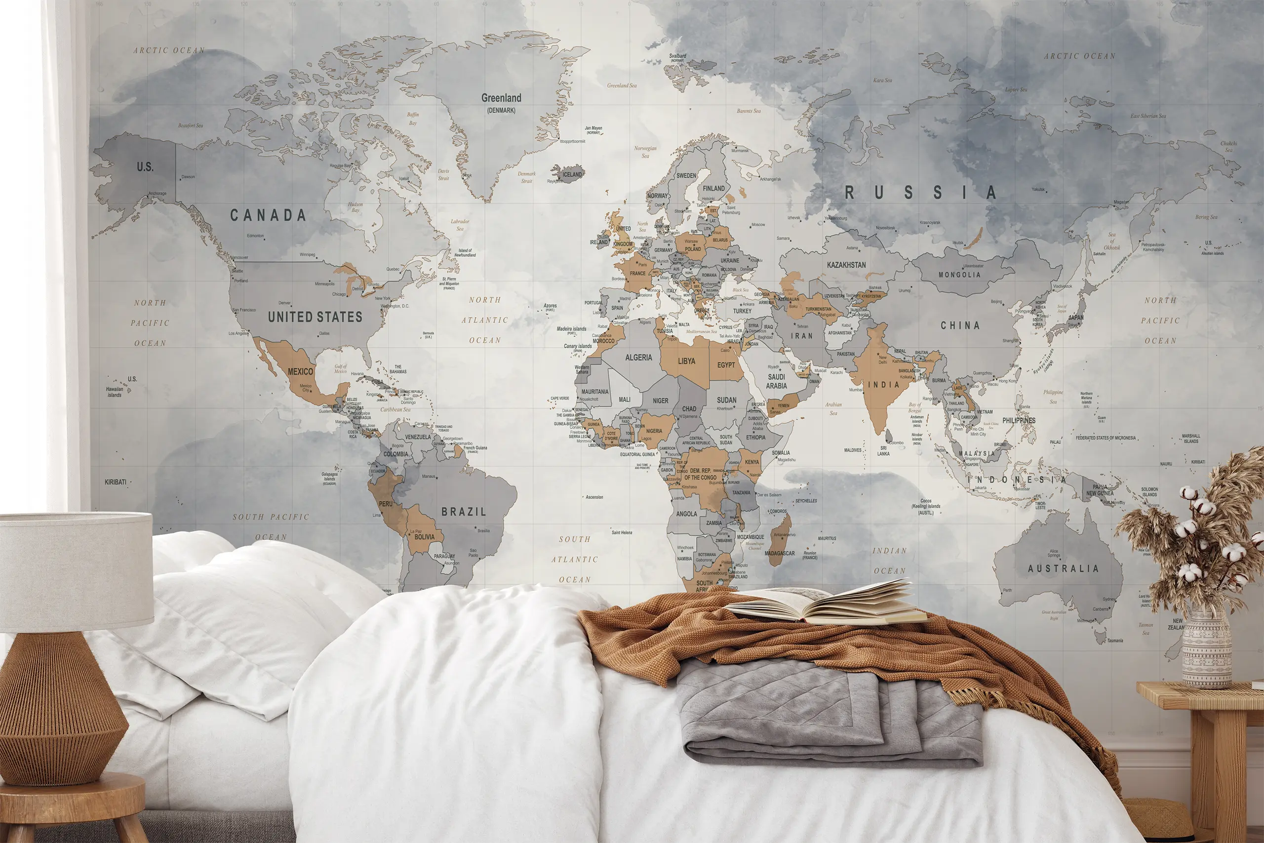 Gray and Brown World Map Peel and Stick Wallpaper, Custom Removable Wall Mural for Office or Living Room, Self-Adhesive Modern Travel Decor Add modern warmth to your space with our Gray and Brown World Map Peel and Stick Wallpaper. This custom removable mural features neutral tones and detailed map design, perfect for offices, living rooms, or travel-inspired interiors. The self-adhesive material ensures easy, damage-free installation and removal, bringing sophistication and style to any room.