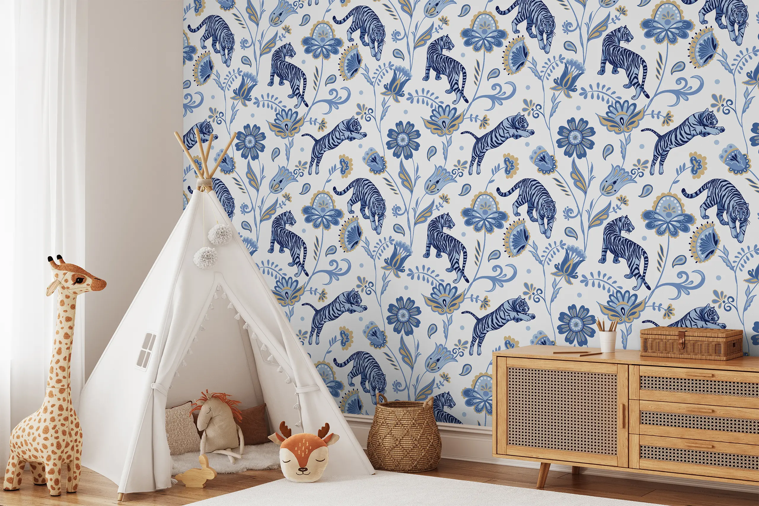 Interior Wall Arts – Jungle Blue Tiger Peel and Stick Wallpaper, Safari Wall Mural for Boys Room or Nursery, Bold Colorful Removable Self-Adhesive Kids Mural Interior Wall Arts introduces a bold Jungle Blue Tiger Wallpaper designed to energize any kids’ space. With vibrant safari scenes and a striking blue tiger motif, this peel and stick mural adds adventure to boys’ rooms or nurseries. The self-adhesive design is removable and easy to install, perfect for playful, colorful interior updates.