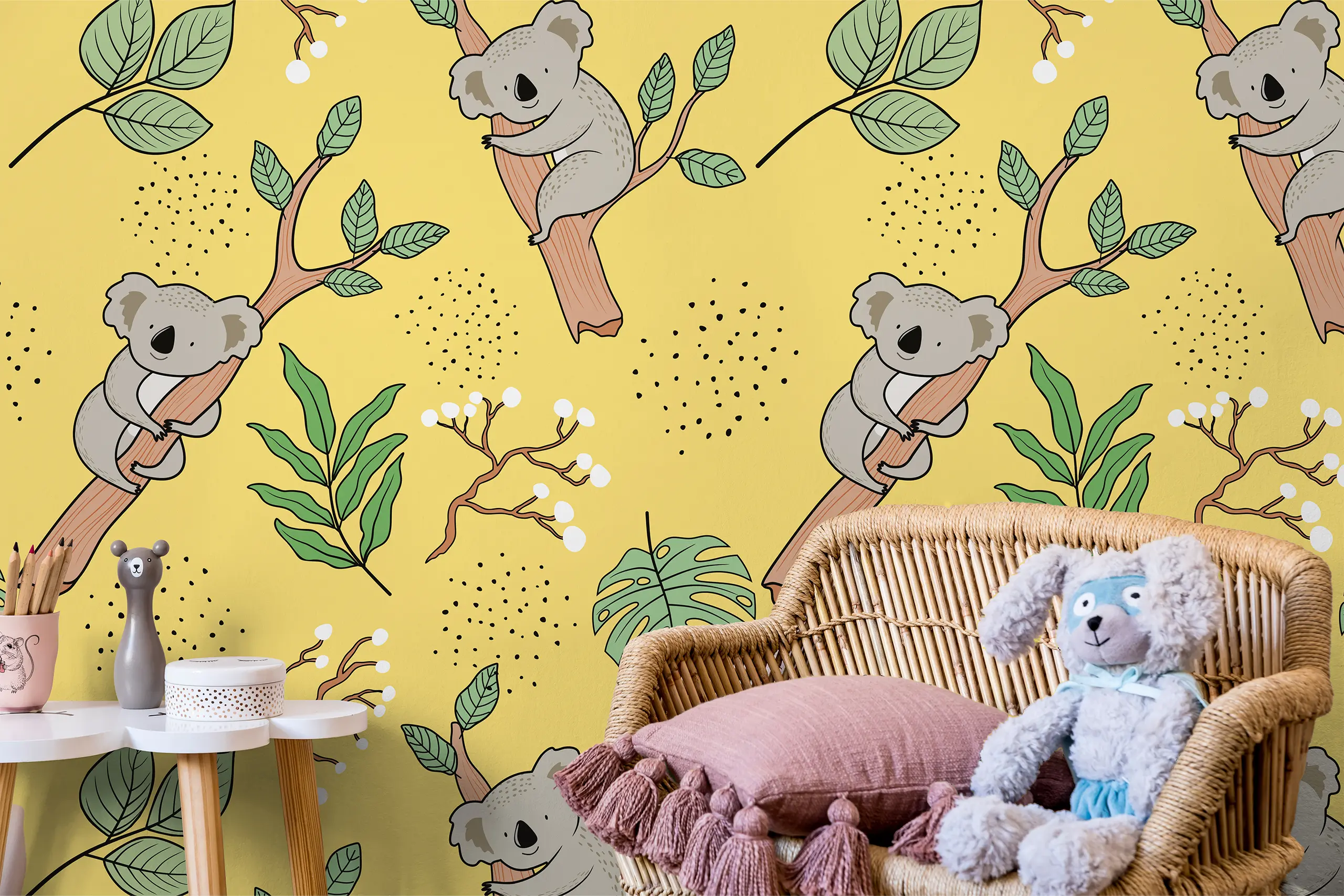Interior Wall Arts – Koala Wallpaper, Yellow Peel & Stick Mural, Animal Nursery Wallpaper for Baby Room or Kids Space, Removable Self Adhesive Wallpaper Interior Wall Arts – Brighten your nursery or kids’ space with this adorable koala wallpaper in cheerful yellow tones. Featuring cute koalas in a soft, playful style, this peel and stick mural is easy to apply and remove. Perfect for baby rooms seeking a warm, animal-themed design with a modern touch.