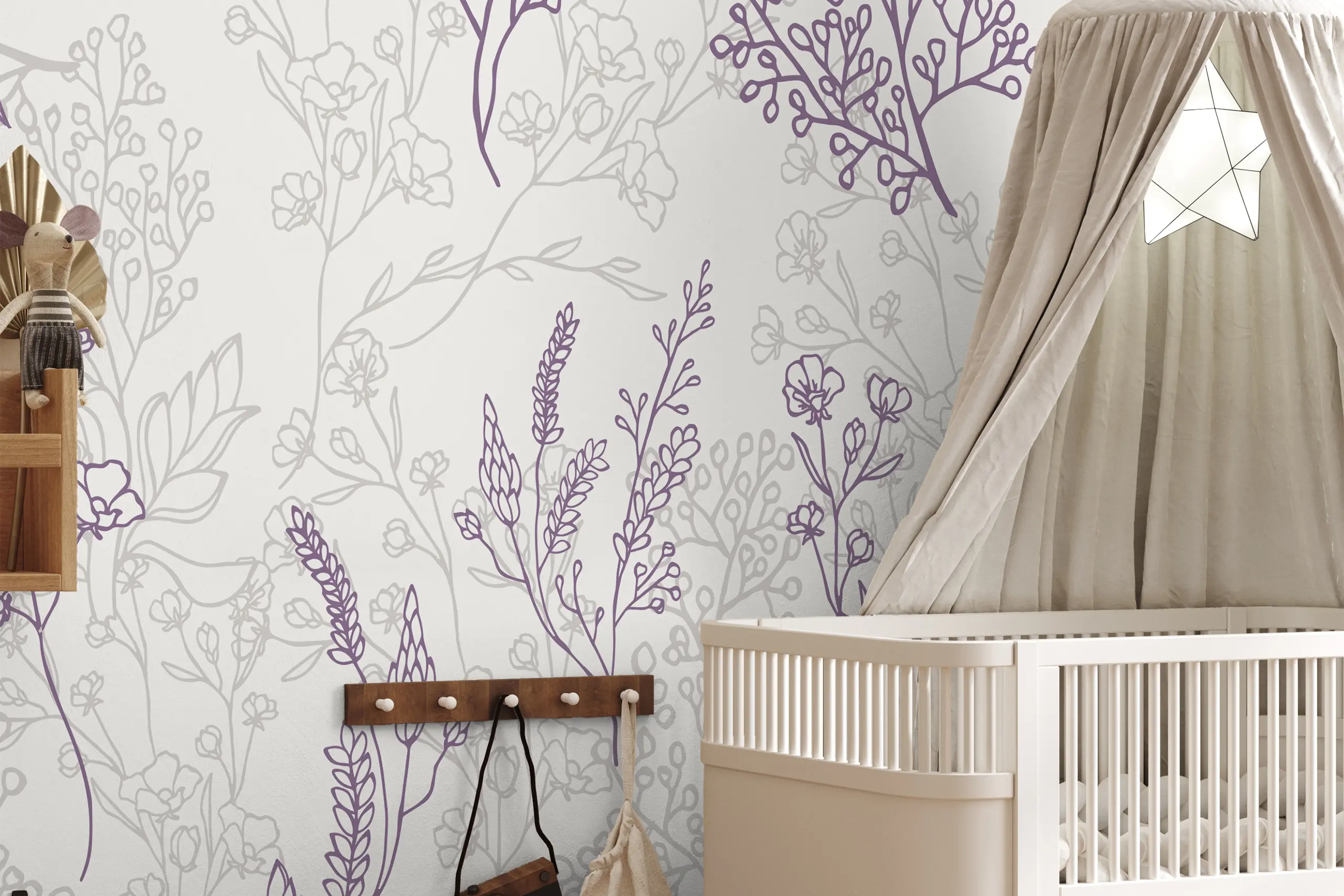 Interior Wall Arts – Lavender Floral Wallpaper for Girls Nursery, Peel and Stick Garden Wall Mural for Baby Room or Kids Bedroom, Removable Soft Wall Mural Interior Wall Arts – Add a touch of floral elegance to your baby girl’s nursery with this lavender wallpaper. Featuring delicate garden blooms in soft tones, this peel and stick mural is perfect for baby rooms or kids’ bedrooms. Easy to install and remove, it brings warmth, charm, and a calming atmosphere to any space.