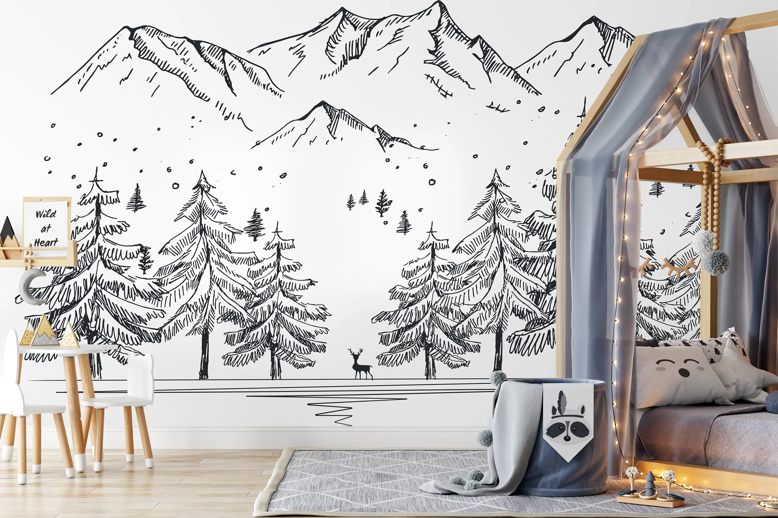 Interior Wall Arts – Minimal Forest & Mountain Line Art Wallpaper, Neutral Peel and Stick Mural for Nursery or Kids Room, Removable Landscape Wall Mural Interior Wall Arts – Add a peaceful and artistic touch to your nursery or kids’ room with this minimal forest and mountain line art wallpaper. Featuring clean lines and a neutral color palette, this peel and stick mural is easy to apply and remove. Perfect for modern interiors seeking calm, nature-inspired style.