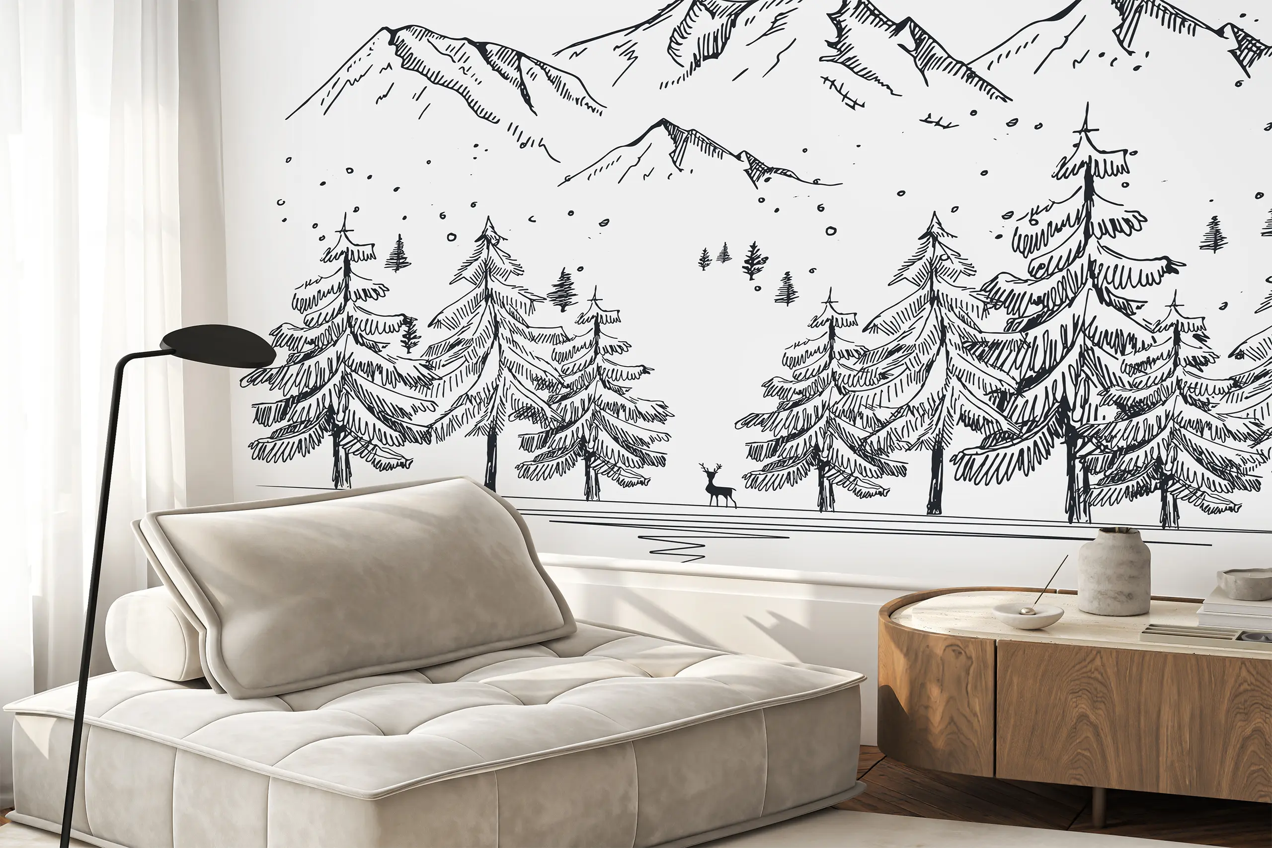 Interior Wall Arts – Minimal Forest & Mountain Line Art Wallpaper, Neutral Peel and Stick Mural for Nursery or Kids Room, Removable Landscape Wall Mural Interior Wall Arts – Add a peaceful and artistic touch to your nursery or kids’ room with this minimal forest and mountain line art wallpaper. Featuring clean lines and a neutral color palette, this peel and stick mural is easy to apply and remove. Perfect for modern interiors seeking calm, nature-inspired style.
