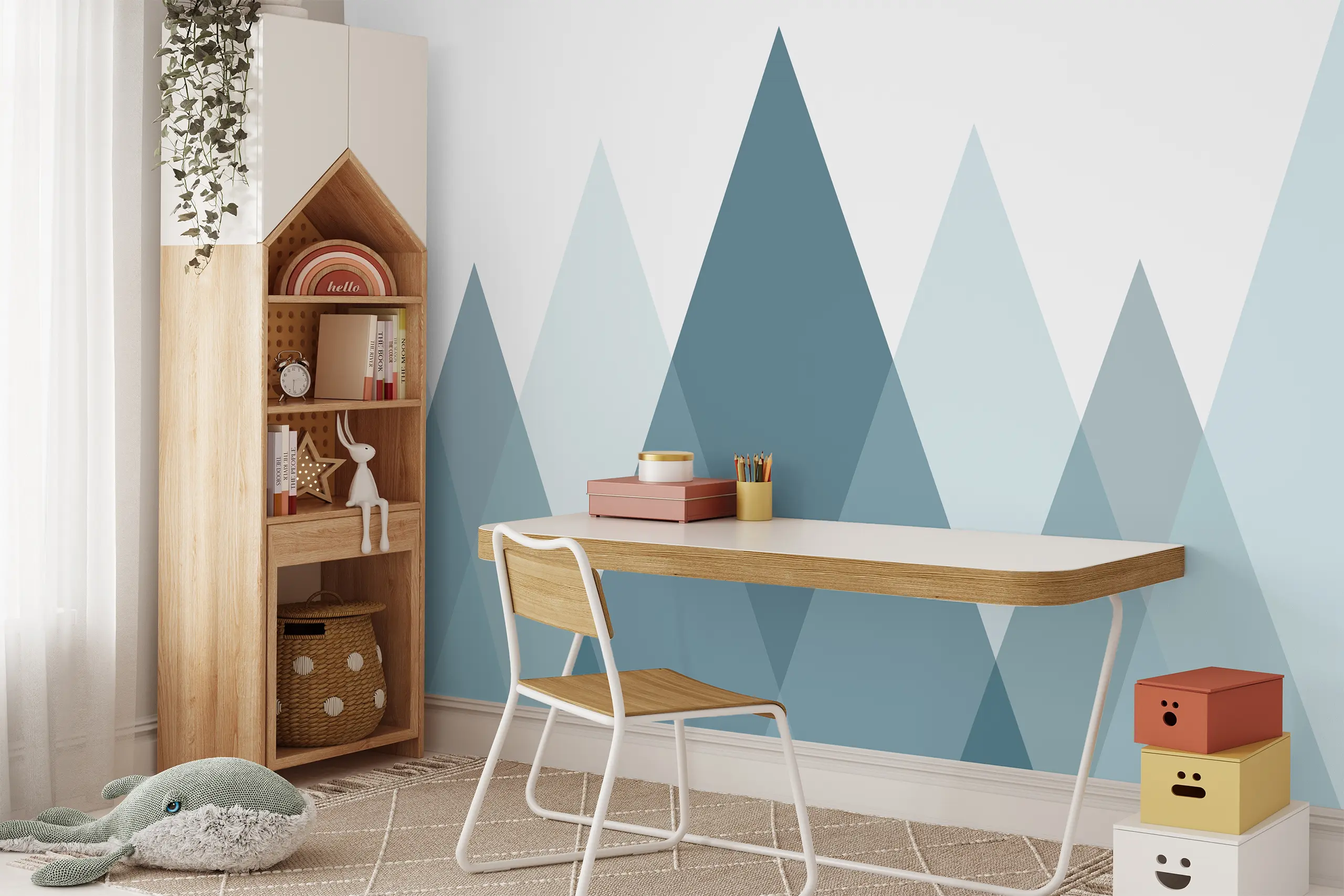 Interior Wall Arts – Modern Mountain Wallpaper, Cool Blue Design Peel and Stick Wall Mural, Minimalist Wallpaper for Nursery or Playroom, Removable Wallpaper Interior Wall Arts – Add a modern and peaceful touch to your nursery or playroom with this cool blue mountain wallpaper. Featuring a minimalist design and easy peel and stick application, this removable wall mural suits any contemporary children’s space. Perfect for boys’ rooms or gender-neutral interiors with a natural, calming vibe.