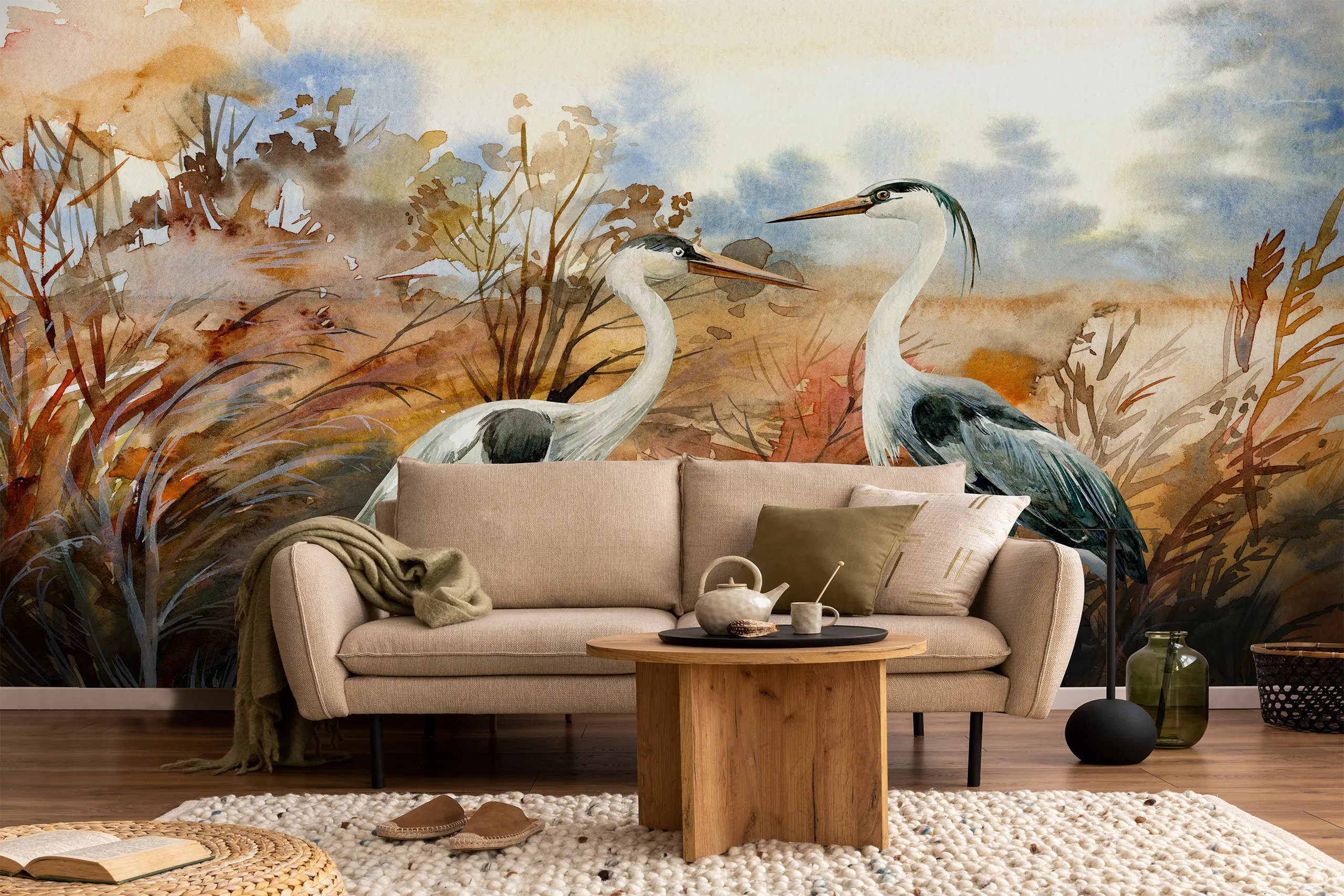 Interior Wall Arts Nature Inspired Peel and Stick Wallpaper, White Heron Bird & Brown Leaves Mural, Traditional Self-Adhesive Wall Art for Serene Interiors Interior Wall Arts - Nature-inspired peel and stick wallpaper featuring a white heron bird with brown leaves. This traditional self-adhesive wall mural creates a serene, elegant interior. Easy to apply and remove, made from high-quality, durable materials for a smooth finish and long-lasting beauty in any living space.