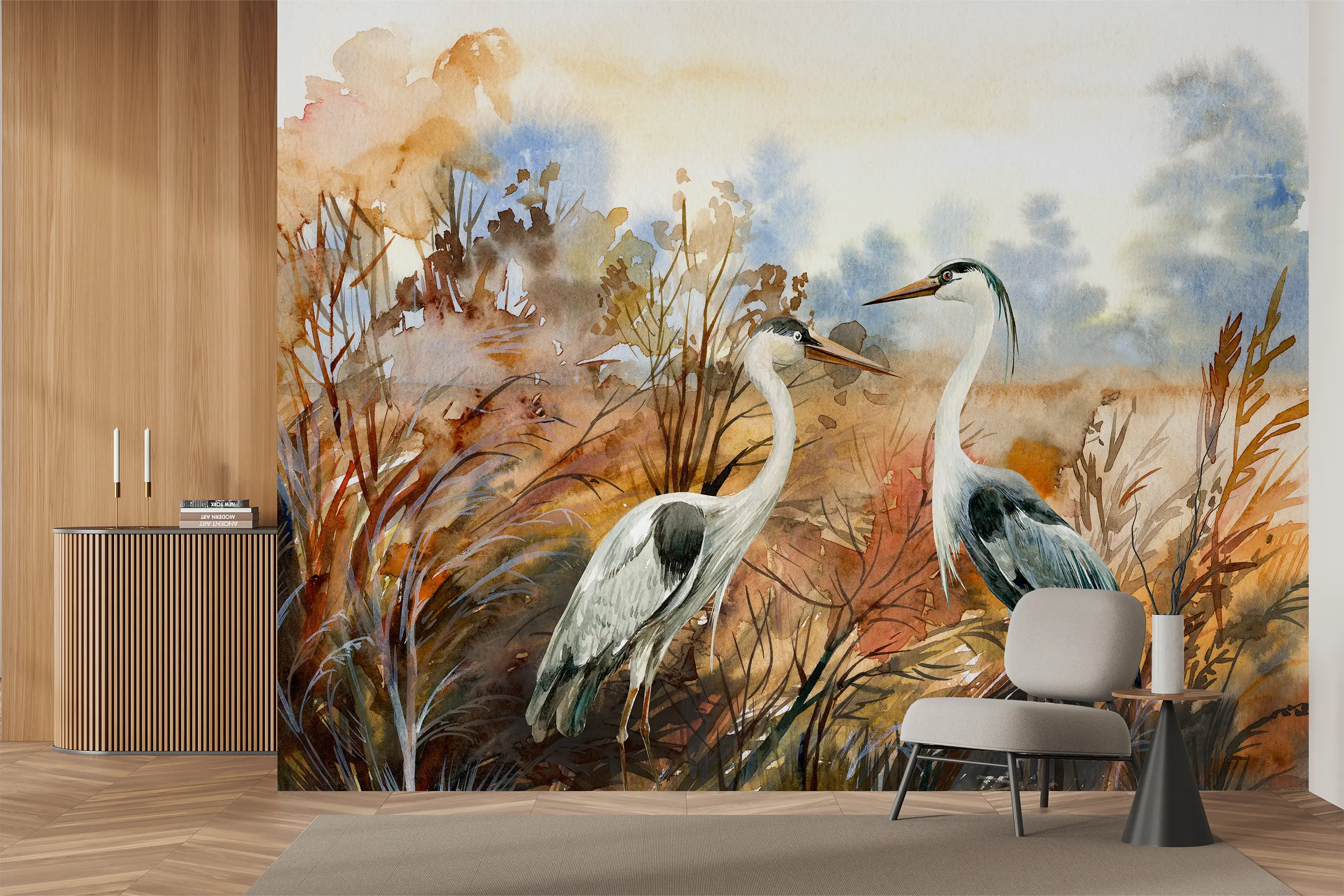 Interior Wall Arts Nature Inspired Peel and Stick Wallpaper, White Heron Bird & Brown Leaves Mural, Traditional Self-Adhesive Wall Art for Serene Interiors Interior Wall Arts - Nature-inspired peel and stick wallpaper featuring a white heron bird with brown leaves. This traditional self-adhesive wall mural creates a serene, elegant interior. Easy to apply and remove, made from high-quality, durable materials for a smooth finish and long-lasting beauty in any living space.