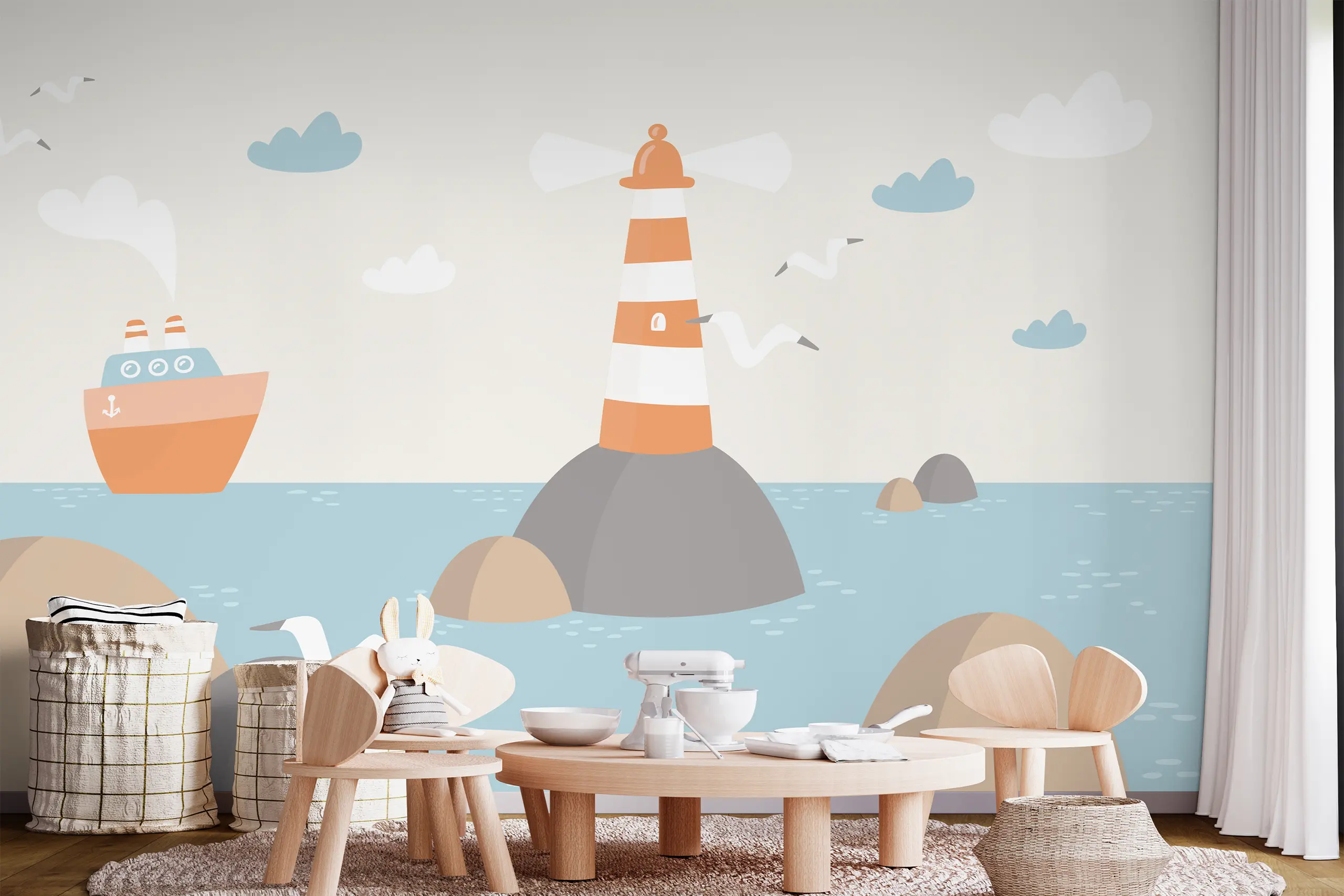 Interior Wall Arts – Nautical Nursery Wallpaper with Lighthouse and Ship, Peel and Stick Ocean Wall Mural for Baby Room or Kids Bedroom Coastal Wall Mural Interior Wall Arts presents a Nautical Nursery Wallpaper featuring a charming lighthouse and classic sailing ship. This peel and stick ocean mural is perfect for baby rooms or kids’ coastal bedrooms. Easy to apply and remove, it brings seaside serenity and timeless maritime style to any wall with soft colors and nautical charm.