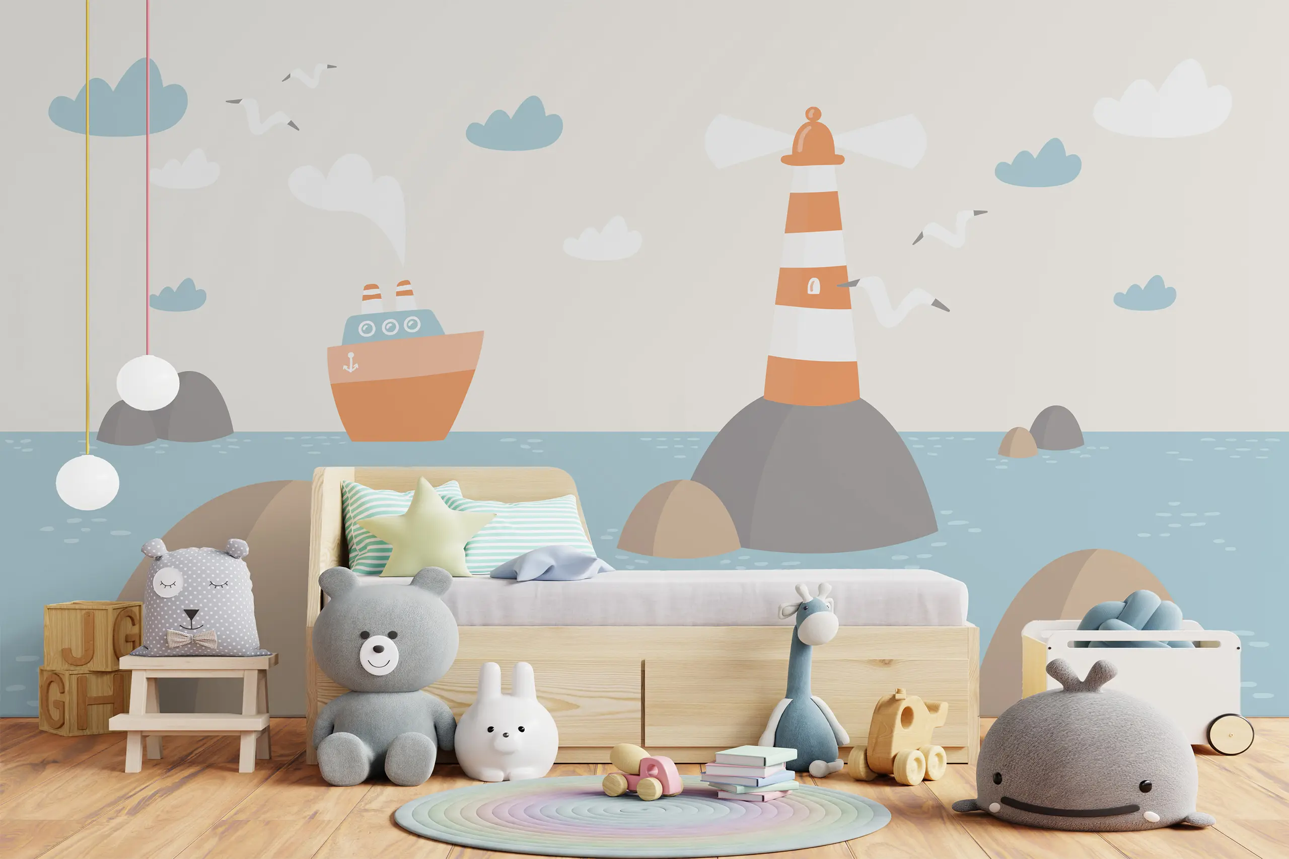 Interior Wall Arts – Nautical Nursery Wallpaper with Lighthouse and Ship, Peel and Stick Ocean Wall Mural for Baby Room or Kids Bedroom Coastal Wall Mural Interior Wall Arts presents a Nautical Nursery Wallpaper featuring a charming lighthouse and classic sailing ship. This peel and stick ocean mural is perfect for baby rooms or kids’ coastal bedrooms. Easy to apply and remove, it brings seaside serenity and timeless maritime style to any wall with soft colors and nautical charm.
