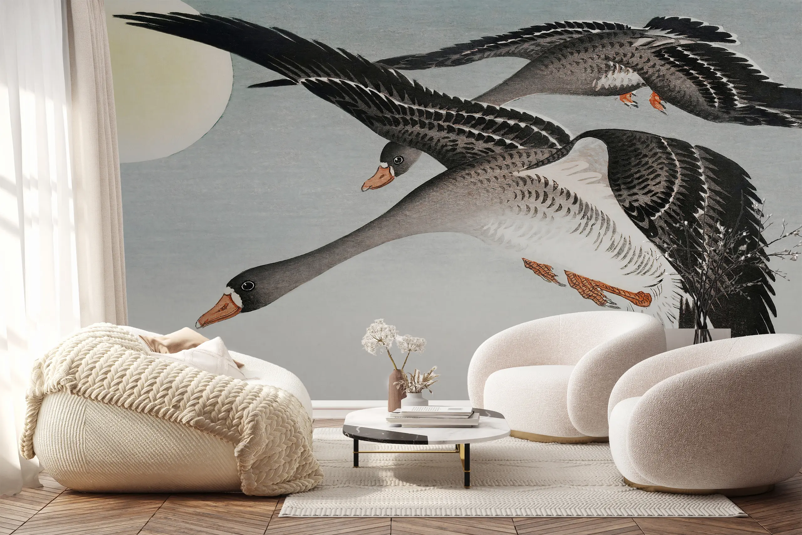 Interior Wall Arts Ohara Koson Art Wallpaper, Birds in the Full Moon Peel and Stick Mural, Removable Japanese Vintage Design for Calm and Elegant Interiors Interior Wall Arts - Ohara Koson art wallpaper with birds under the full moon offers a serene Japanese vintage design. This peel and stick mural is removable, easy to apply, and perfect for calm, elegant interiors. Crafted from high-quality, durable materials for a smooth finish and long-lasting beauty in any living space.