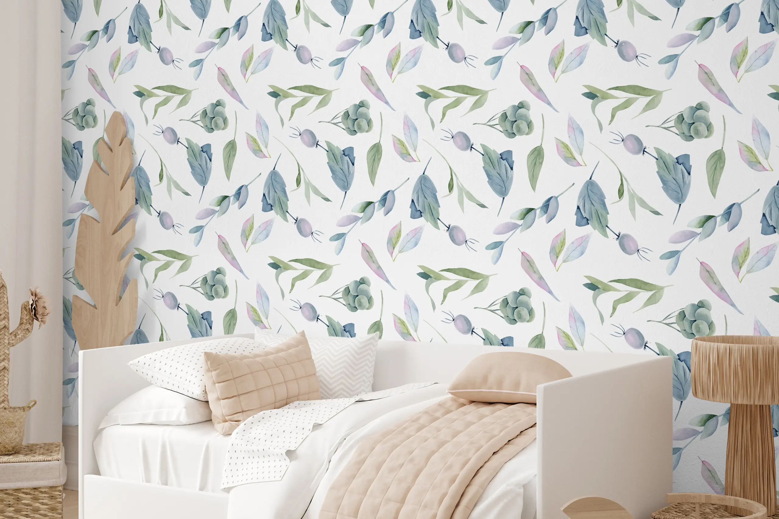 Interior Wall Arts – Olive Leaves Wallpaper, Pastel Watercolor Peel and Stick Mural, Minimalist Nursery Mural, Removable Kids Room Wall Art Interior Wall Arts – Bring gentle, organic beauty to your nursery or kids’ room with this olive leaves wallpaper. Designed in soft pastel watercolors with a minimalist touch, this peel and stick mural is easy to apply and remove. Perfect for calm, nature-inspired interiors with a fresh modern style.