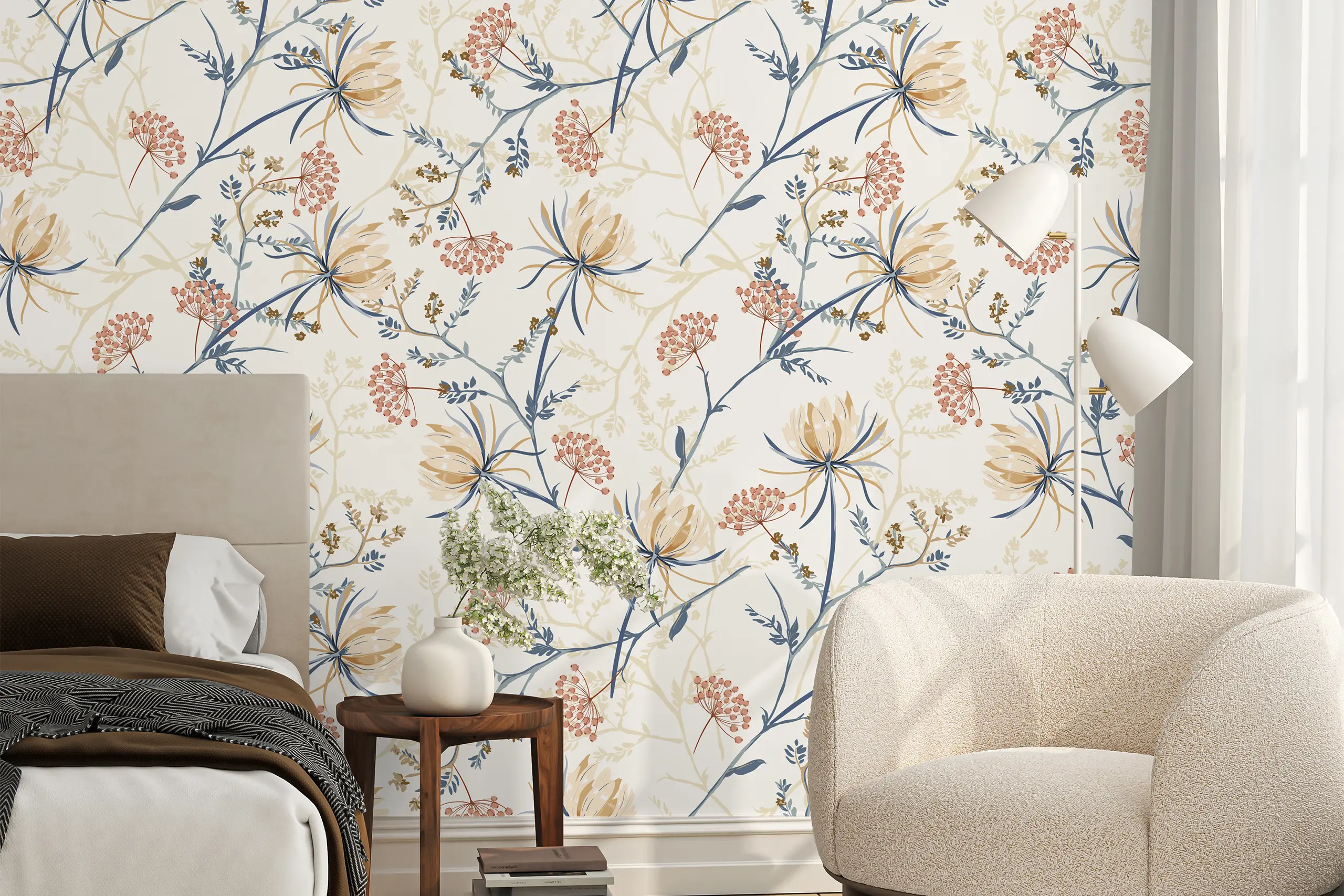 Interior Wall Arts – Pastel Floral Wallpaper with Gold Accents, Peel and Stick Vintage Wall Mural for Bedroom or Accent Wall, Removable Romantic Wall Mural Interior Wall Arts – Add romantic vintage charm to your bedroom or accent wall with this pastel floral wallpaper featuring elegant gold accents. Designed for easy peel and stick application, this removable mural blends soft tones with timeless style, creating a warm and inviting atmosphere in any modern or classic space.