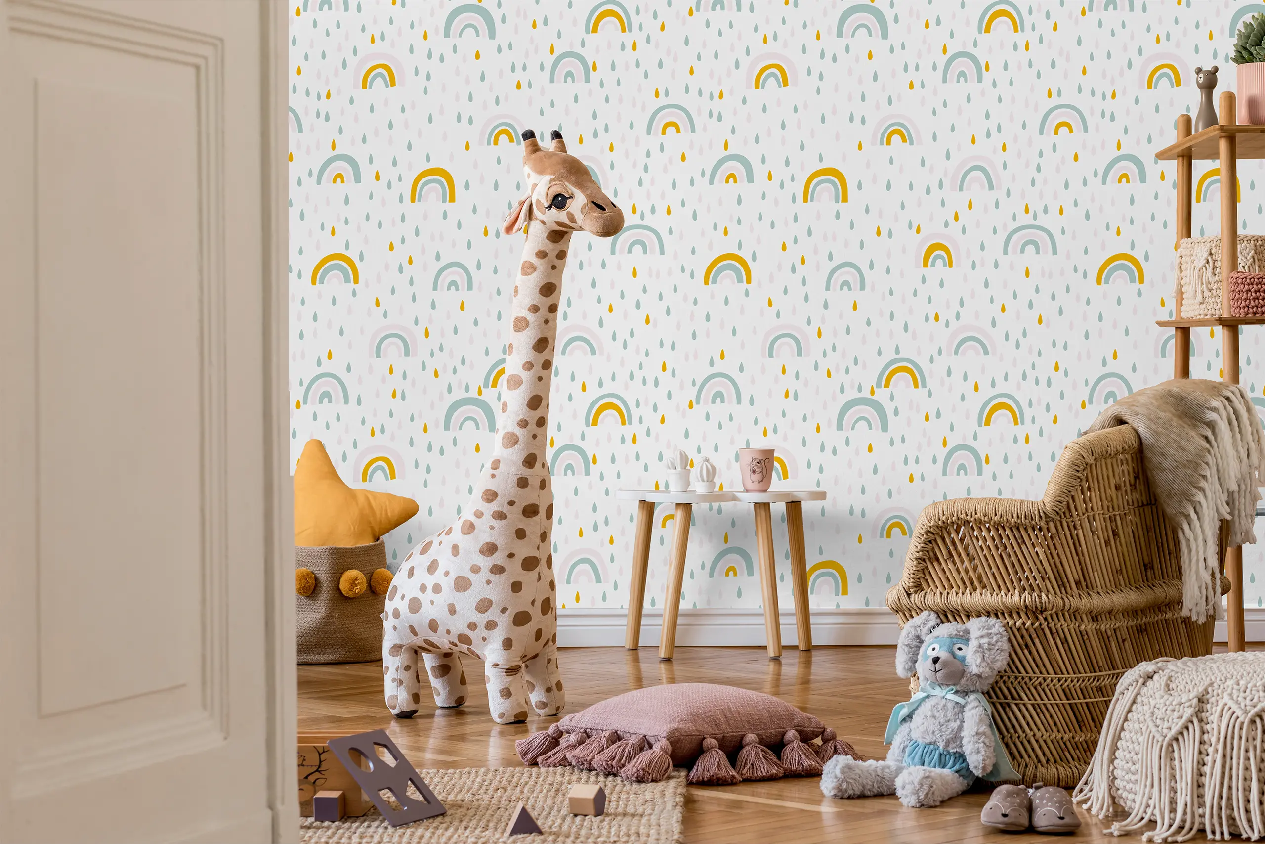 Interior Wall Arts – Rainbow Nursery Wallpaper, Pastel Color Scandinavian Style, Self-Adhesive Peel & Stick Mural, Traditional Wallpaper for Kids Room Interior Wall Arts – Brighten your child’s space with this pastel rainbow nursery wallpaper in a soft Scandinavian style. Perfect for baby rooms or kids’ bedrooms, this peel and stick mural is easy to install and remove. It adds a touch of joy and timeless charm to any warm, inviting space.