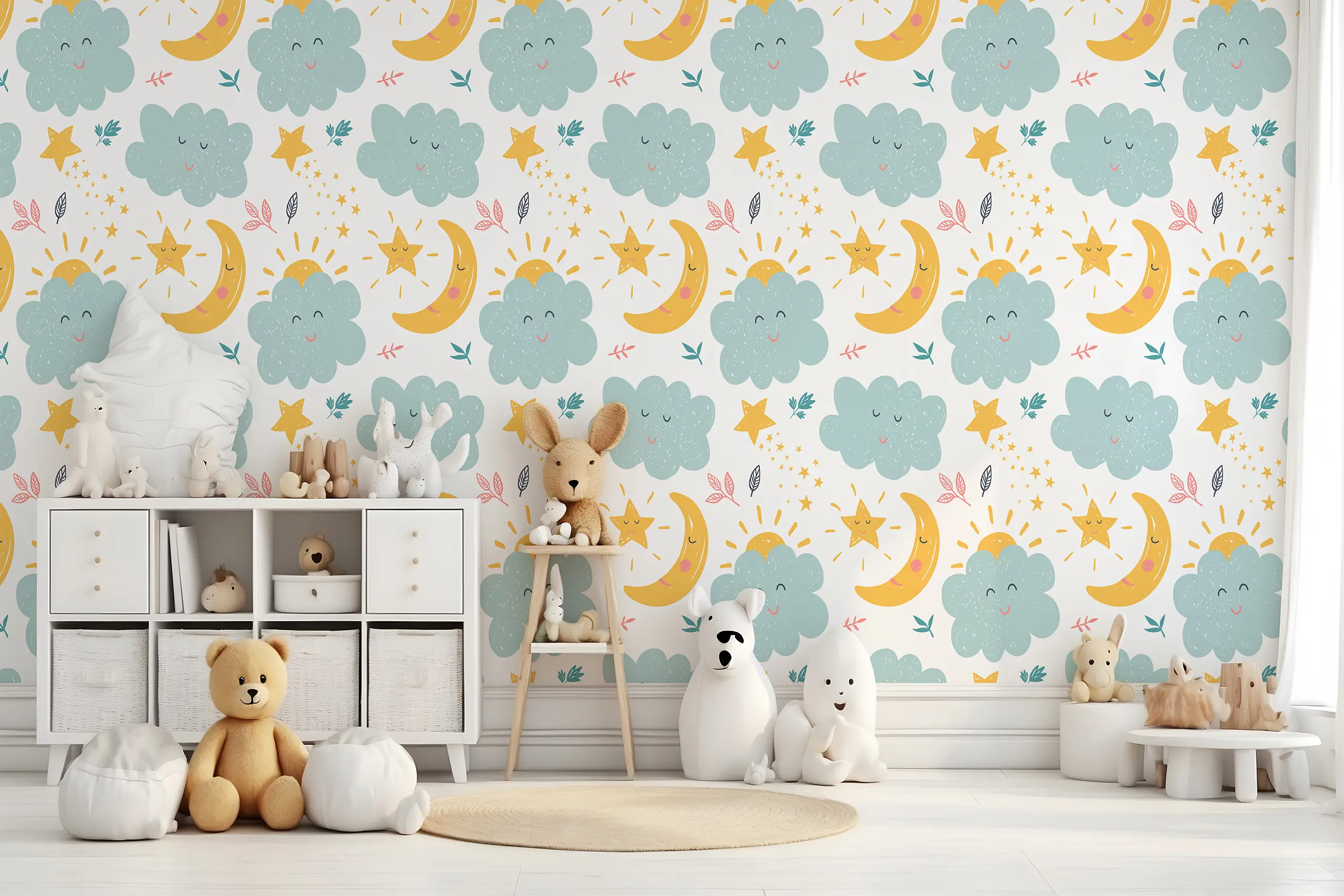 Interior Wall Arts – Star and Moon Kids Wallpaper, Cute Cloud Peel and Stick or Traditional Wall Mural for Nursery, Removable Night Sky Baby Room Wall Mural Interior Wall Arts – Create a dreamy night sky in your baby’s room with this star and moon wallpaper featuring soft clouds and a gentle design. Available in peel and stick or traditional format, this mural is easy to apply and remove. Perfect for nurseries seeking calm, celestial charm.