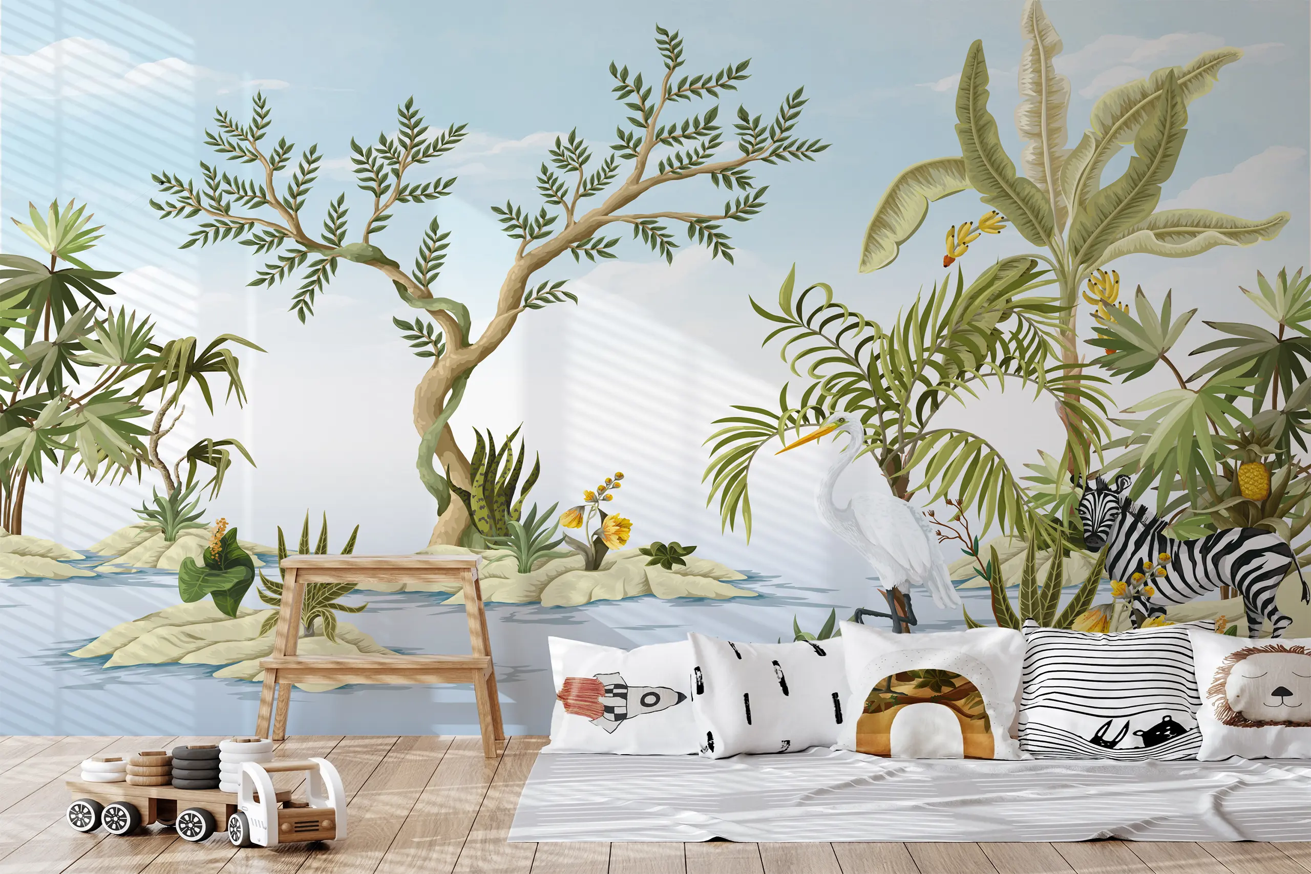 Interior Wall Arts – Tropical Jungle Animal Wallpaper, Colorful Peel and Stick Wall Mural for Nursery or Kids Room, Removable Safari-Inspired Playroom Mural Interior Wall Arts – Turn your nursery or playroom into a wild adventure with this tropical jungle animal wallpaper. Featuring vibrant colors and playful safari creatures, this peel and stick mural is easy to apply and remove. It’s the perfect way to create an exciting, nature-filled environment for kids.