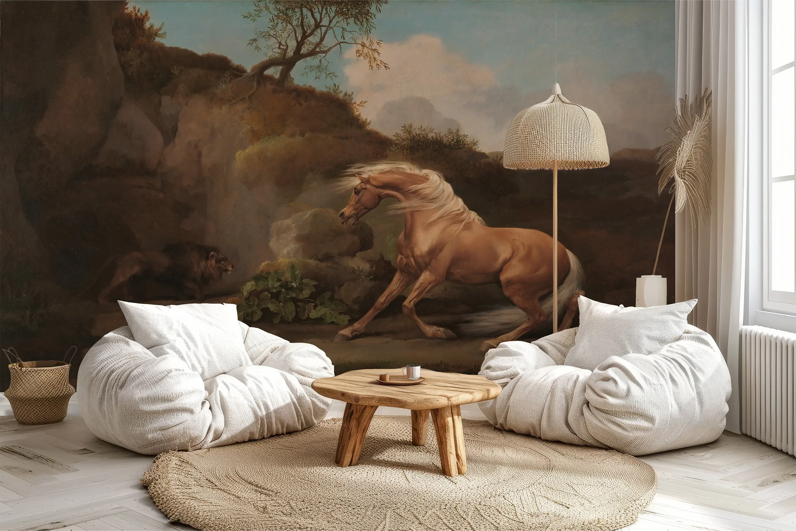 Interior Wall Arts Vintage Animal Peel and Stick Wall Mural, George Stubbs ‘Horse Frightened by a Lion’, Removable Self-Adhesive Scenic Art for Timeless Walls Interior Wall Arts - Vintage animal peel and stick mural featuring George Stubbs’ ‘Horse Frightened by a Lion’. This removable self-adhesive scenic art creates timeless elegance for your walls. Easy to apply and remove, made with high-quality, durable materials for a smooth finish and long-lasting beauty in any room.