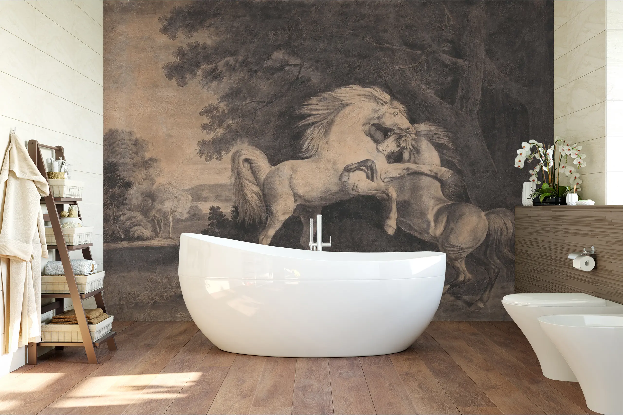 Interior Wall Arts Vintage Art Animal Peel and Stick Wallpaper, Scenic ‘Horses Fighting’ by George Stubbs Mural, Forest Wall Art, Traditional Wallpaper Décor Interior Wall Arts - Vintage animal peel and stick wallpaper featuring ‘Horses Fighting’ by George Stubbs. This scenic forest mural adds classic elegance to any room. The removable, self-adhesive design is easy to apply and remove. Crafted from high-quality, durable materials for a smooth finish and long-lasting beauty.