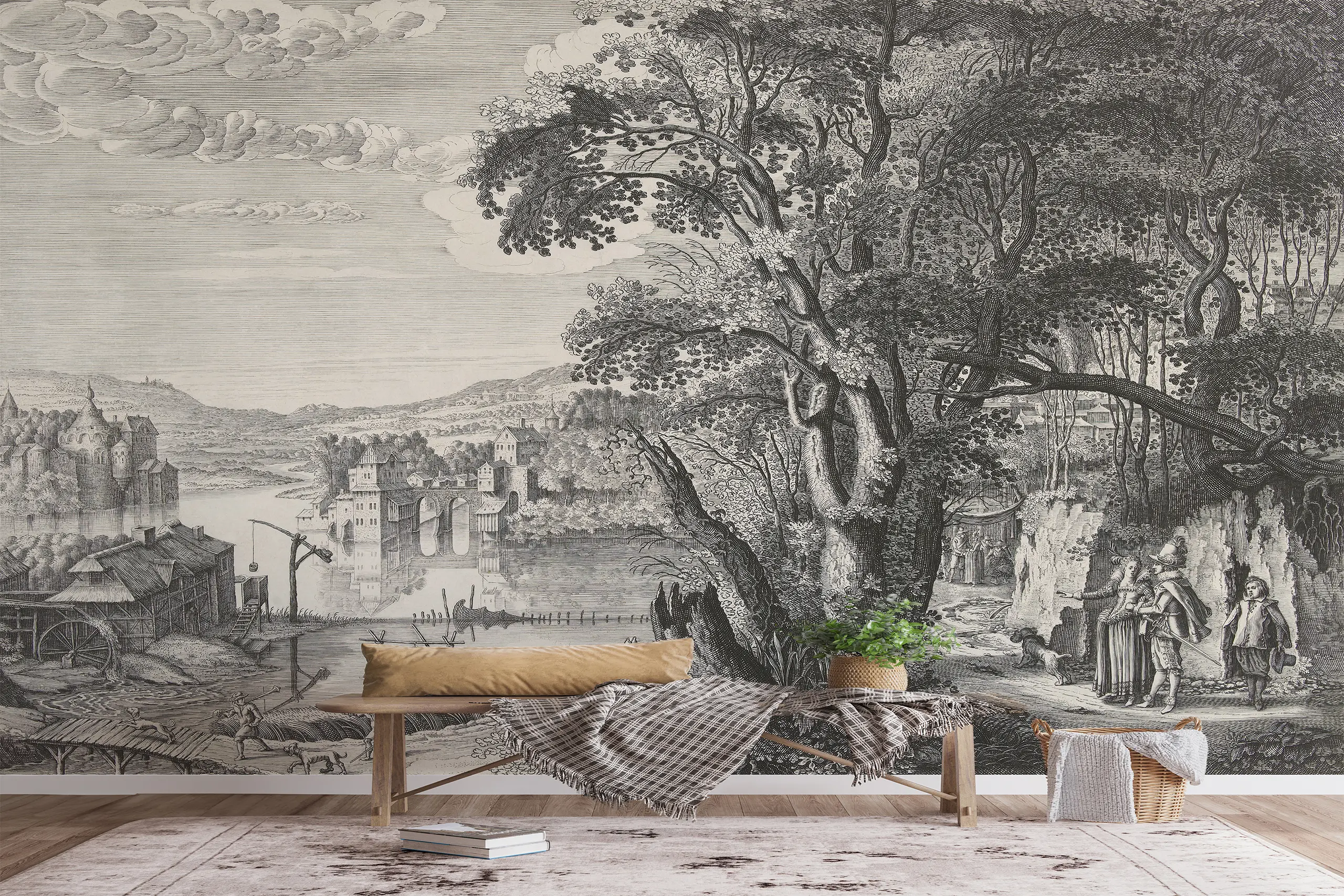 Interior Wall Arts – Gray Castle Vintage Wallpaper, Panoramic Peel and Stick Landscape Wall Mural, Rural Scenic Wall Art for Living Room or Bedroom Wallpaper Interior Wall Arts – Add timeless sophistication to your space with this gray castle vintage wallpaper featuring a panoramic rural landscape. Ideal for living rooms or bedrooms, it blends elegance and serenity. The peel and stick design allows for easy installation and clean removal in any classic interior.