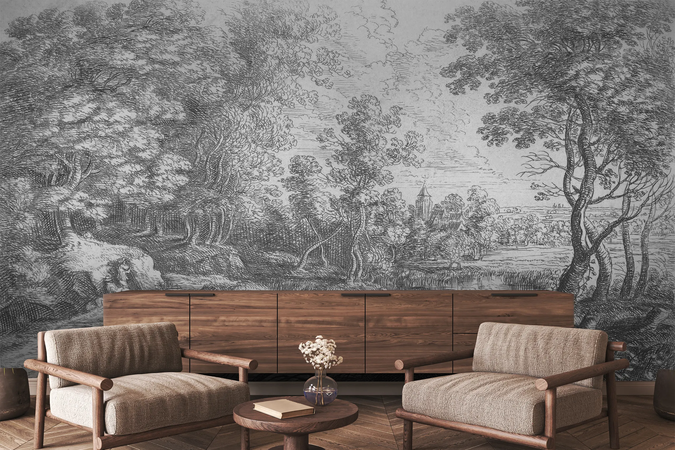 Interior Wall Arts – Gray Village Forest Wall Mural, Vintage Peel and Stick Landscape Wallpaper, Removable Scenic Design for Soft, Nature-Inspired Spaces Interior Wall Arts – Create a calm, nature-inspired atmosphere with this Gray Village Forest Wall Mural. Featuring a soft, scenic landscape in vintage tones, this peel and stick wallpaper is easy to apply and remove without damage. Ideal for cozy bedrooms, serene living rooms, or minimalist interiors that embrace rustic charm and quiet elegance.
