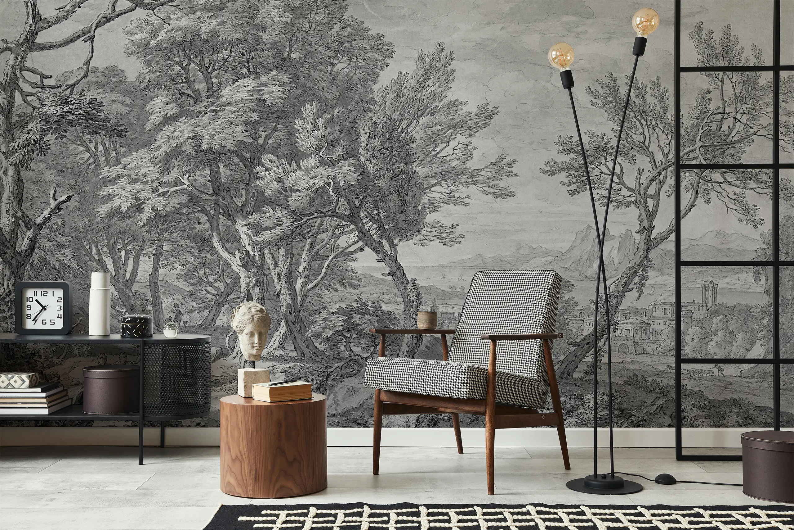 Interior Wall Arts – Gray Panoramic Scenic Wallpaper, Vintage Landscape Wall Mural, Rustic Forest Peel and Stick Traditional Wallpaper for Timeless Wallpaper Interior Wall Arts – Add depth and elegance to your space with this gray panoramic scenic wallpaper featuring a vintage forest landscape. Its neutral tones and rustic charm make it ideal for timeless home décor. The peel and stick traditional design ensures easy installation and a classic finish.