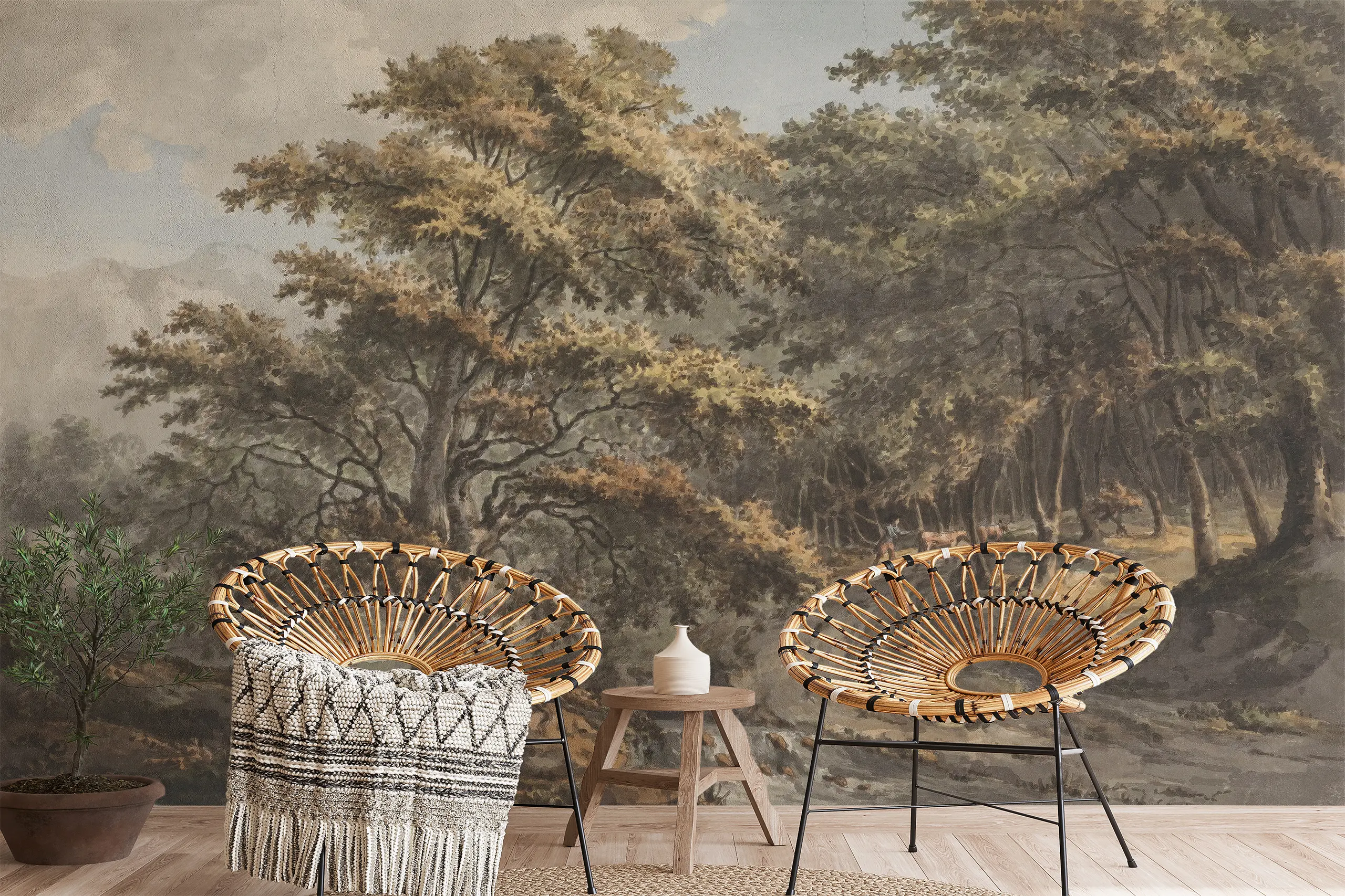 Interior Wall Arts – Panoramic Mural, Rustic Tree Landscape Wallpaper, Vintage Forest Peel and Stick Wallpaper, Removable Scenic Wall Art for Cottagecore Home Interior Wall Arts – Create a peaceful, nostalgic atmosphere with this panoramic mural featuring a rustic tree landscape in a vintage forest setting. Ideal for cottagecore-inspired homes, it brings natural charm and warmth. The removable peel and stick design ensures easy application and clean removal.