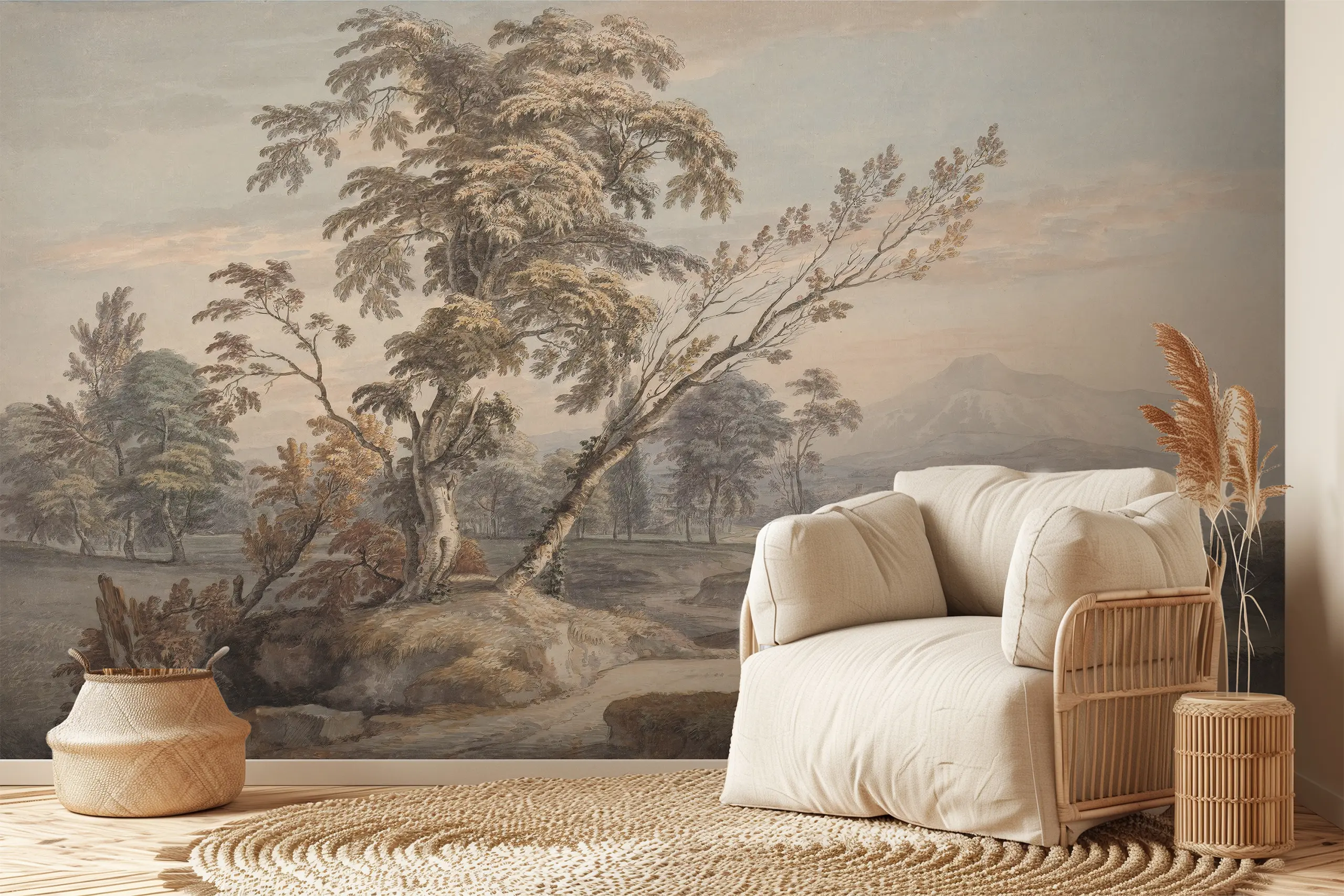 Interior Wall Arts – Vintage Countryside Wall Mural, Soft Toned Landscape Tree Wall Mural, Peel and Stick Wallpaper for Elegant Nature-Inspired Spaces Interior Wall Arts – Add gentle elegance to your interior with this vintage countryside wall mural featuring a soft-toned tree landscape. Perfect for nature-inspired and refined spaces, its peel and stick design allows for easy application while offering a timeless, calming visual experience.