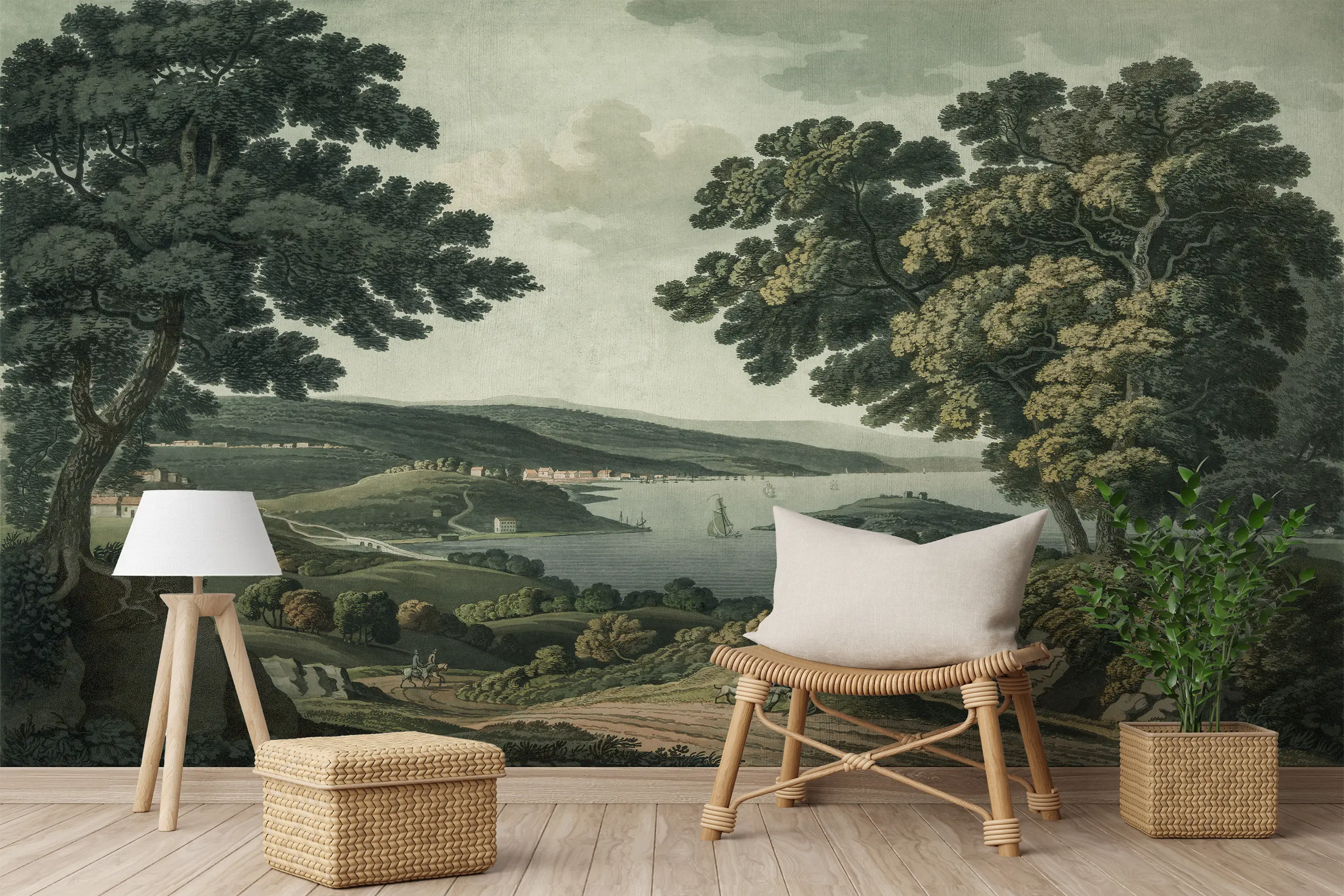 Interior Wall Arts – Vintage Forest Wall Mural with Green Trees, Lake Scenic Peel and Stick Wallpaper, Panoramic Wallpaper for Cottagecore-Inspired Living Spaces Interior Wall Arts – Bring a serene, storybook charm to your space with this vintage forest wall mural featuring lush green trees and a tranquil lake view. Perfect for cottagecore-inspired interiors, its panoramic design adds depth and warmth. Peel and stick installation ensures effortless, removable styling.