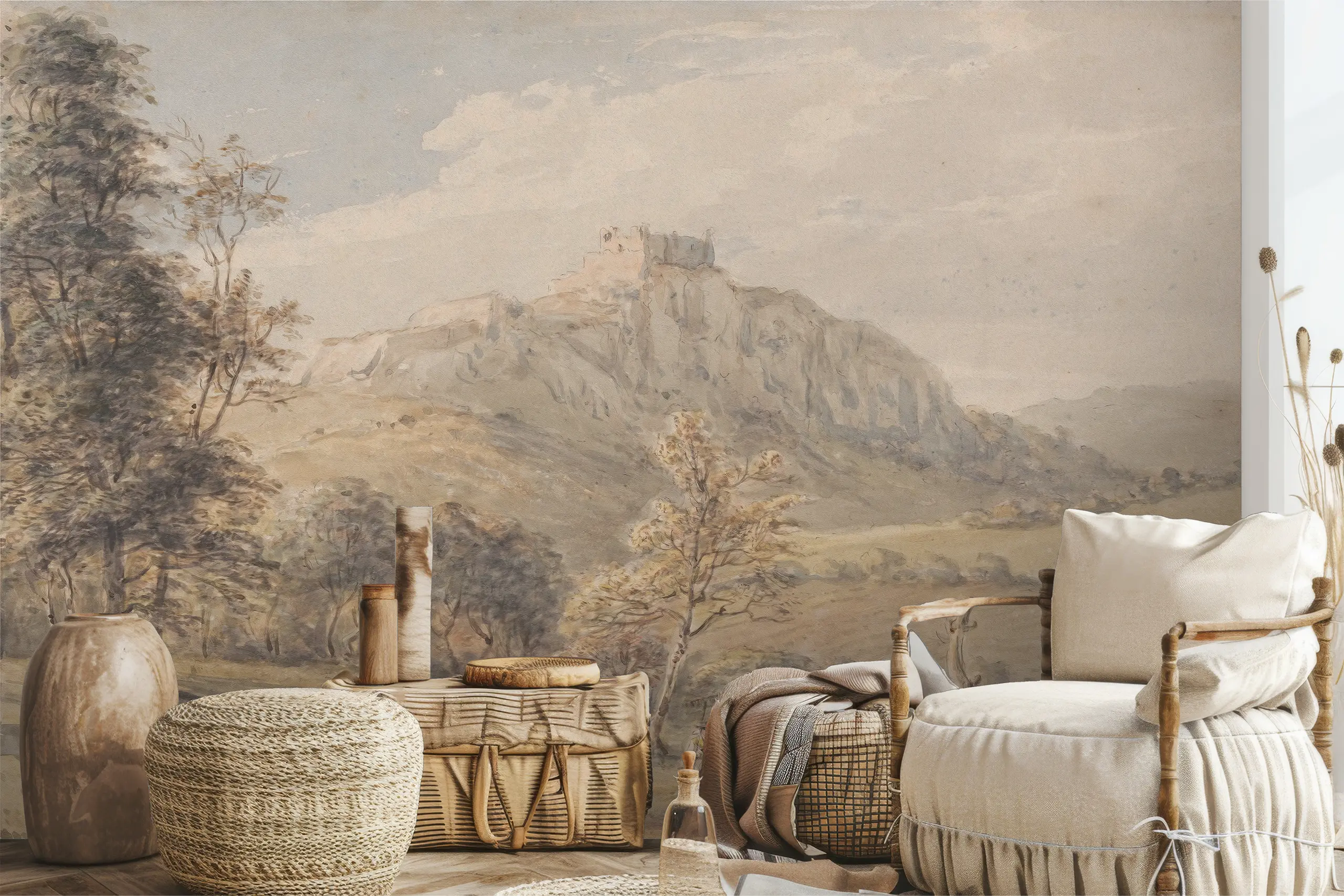 Interior Wall Arts – Vintage Forest Wallpaper, Panoramic Landscape Wall Mural, Mountain Scenic Mural, Removable Peel and Stick Wall Art for Rustic Home Decor Interior Wall Arts – Add a touch of natural grandeur to your home with this vintage forest wallpaper featuring a panoramic mountain landscape. Perfect for rustic interiors, it brings depth, warmth, and timeless scenic beauty. The removable peel and stick design allows for easy and clean installation.