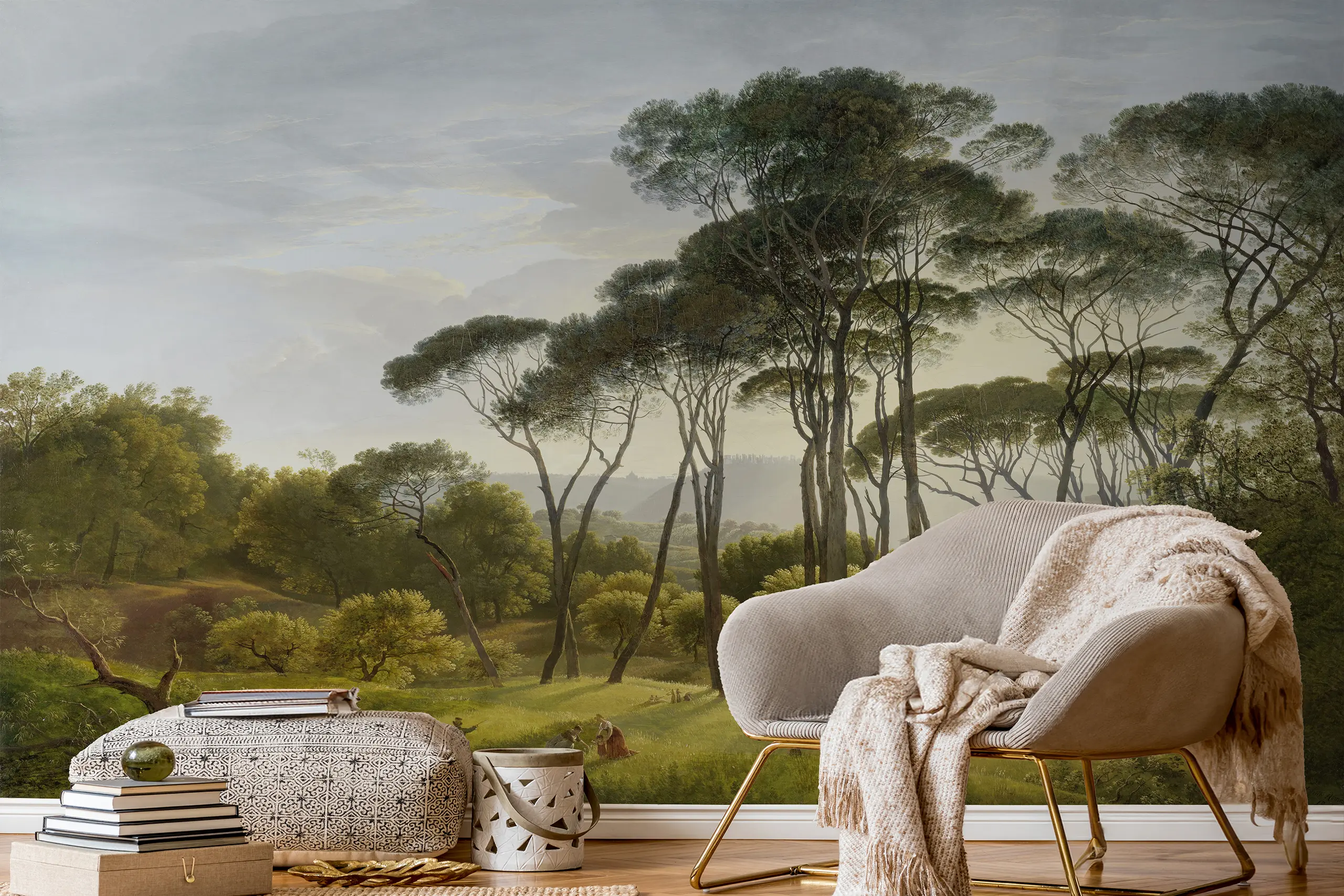 Interior Wall Arts – Vintage Italian Landscape Wall Mural, Peel and Stick Umbrella Pine Forest Wallpaper, Removable Traditional Art-Inspired Décor Interior Wall Arts – Infuse your space with classic Mediterranean charm using this vintage Italian landscape mural featuring graceful umbrella pines. Perfect for traditional and art-inspired interiors, it brings depth and serenity. The peel and stick design ensures easy, removable installation with timeless appeal.