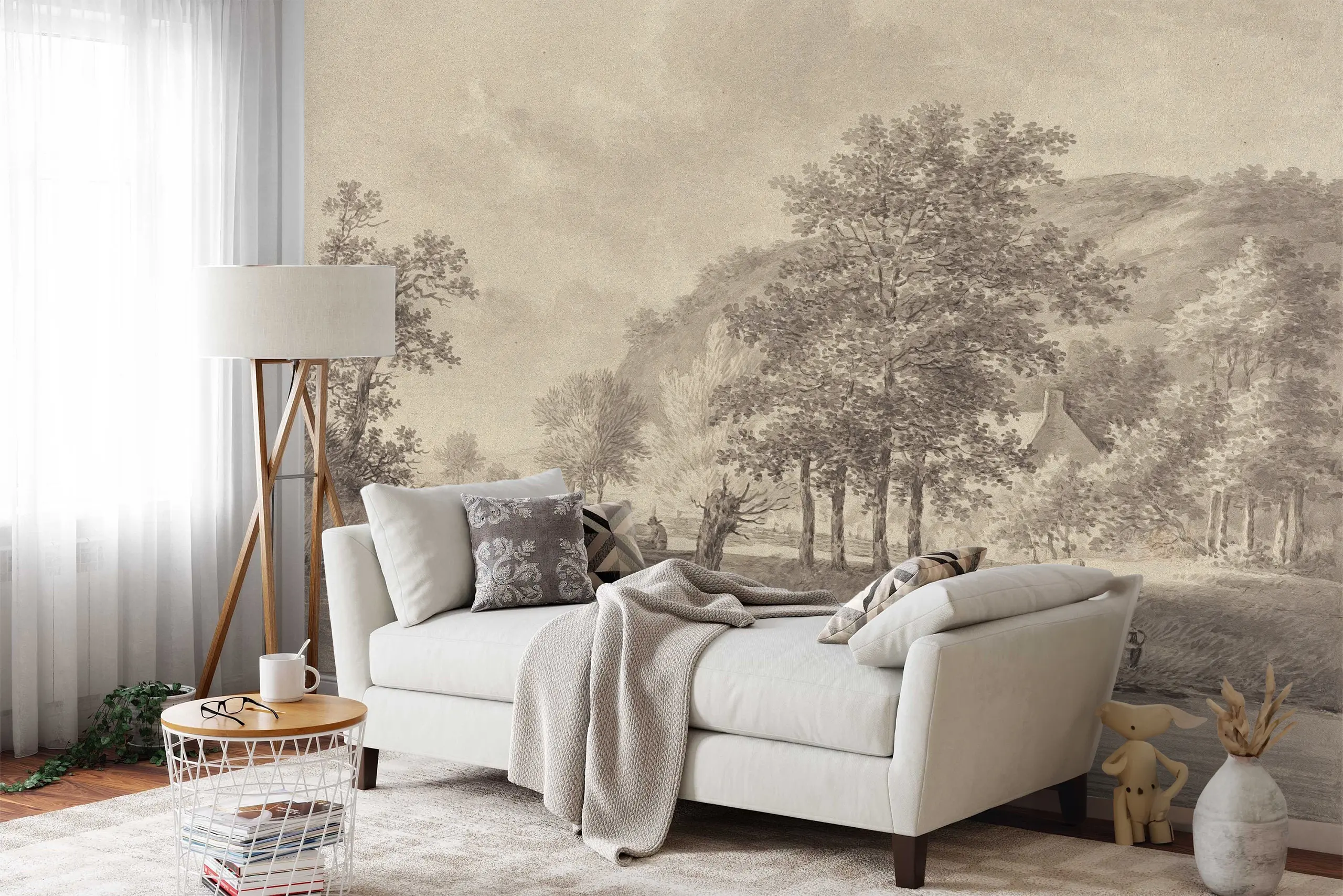 Interior Wall Arts – Vintage Sepia Lake Wallpaper, Rustic Tree Landscape Mural, Peel & Stick Scenic Wall Art for Living Room, Removable Wall Mural Interior Wall Arts – Enhance your living space with this vintage sepia lake wallpaper featuring a rustic tree-lined landscape. Its scenic, calming design in warm tones adds depth and character to traditional interiors. With easy peel & stick application and removable convenience, it’s perfect for effortless yet elegant wall transformation.