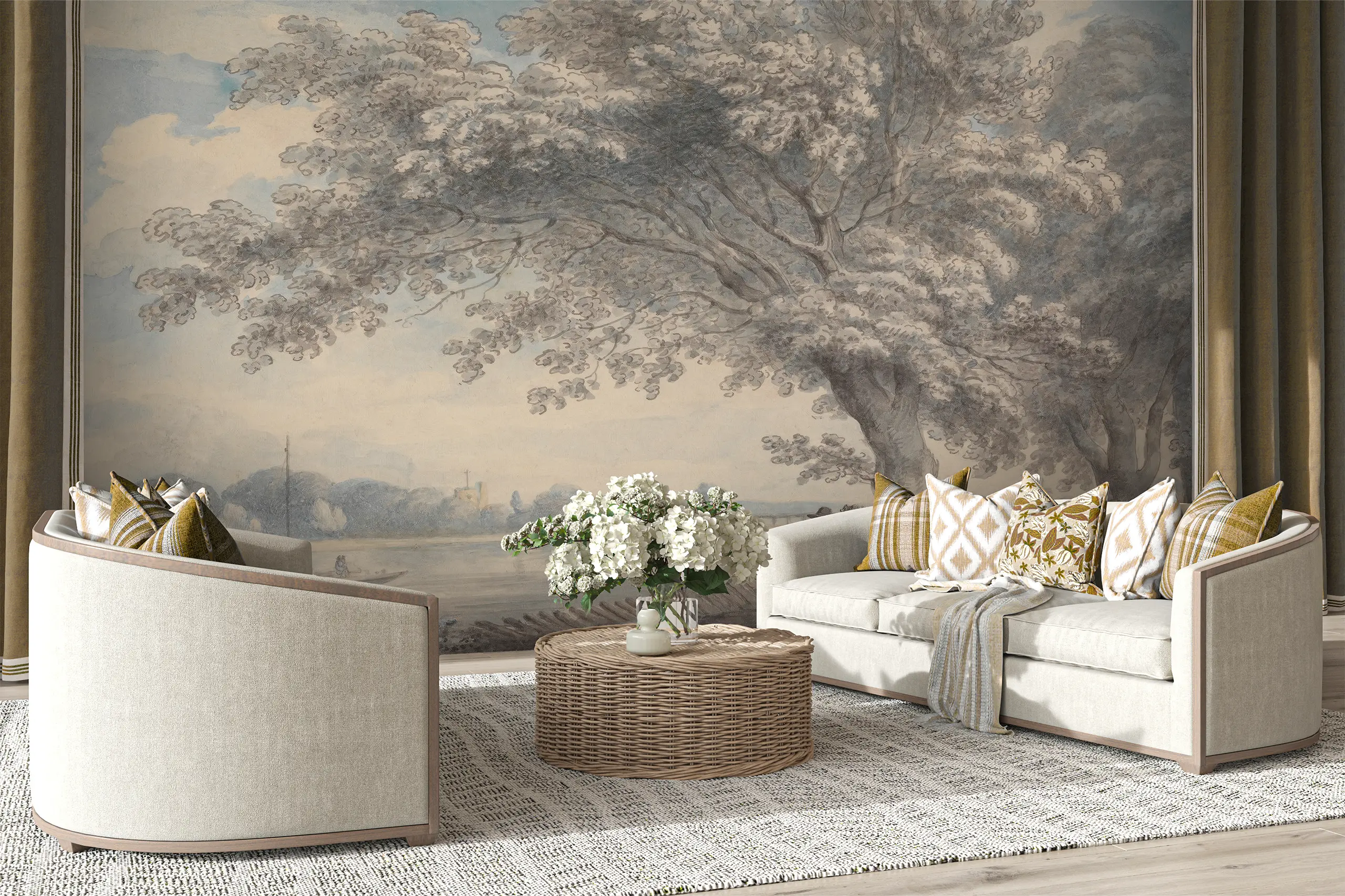 Interior Wall Arts – Landscape Tree Wall Mural, Blue Sky Lake Scenic Vintage Peel and Stick Wallpaper for Bedroom, Living Room, or Office Interior Wall Arts – Bring natural tranquility to your home with this landscape tree wall mural featuring a blue sky and scenic lake. The vintage peel and stick design makes installation simple, perfect for bedrooms, living rooms, or offices. Add timeless charm and elegance to your walls with ease.