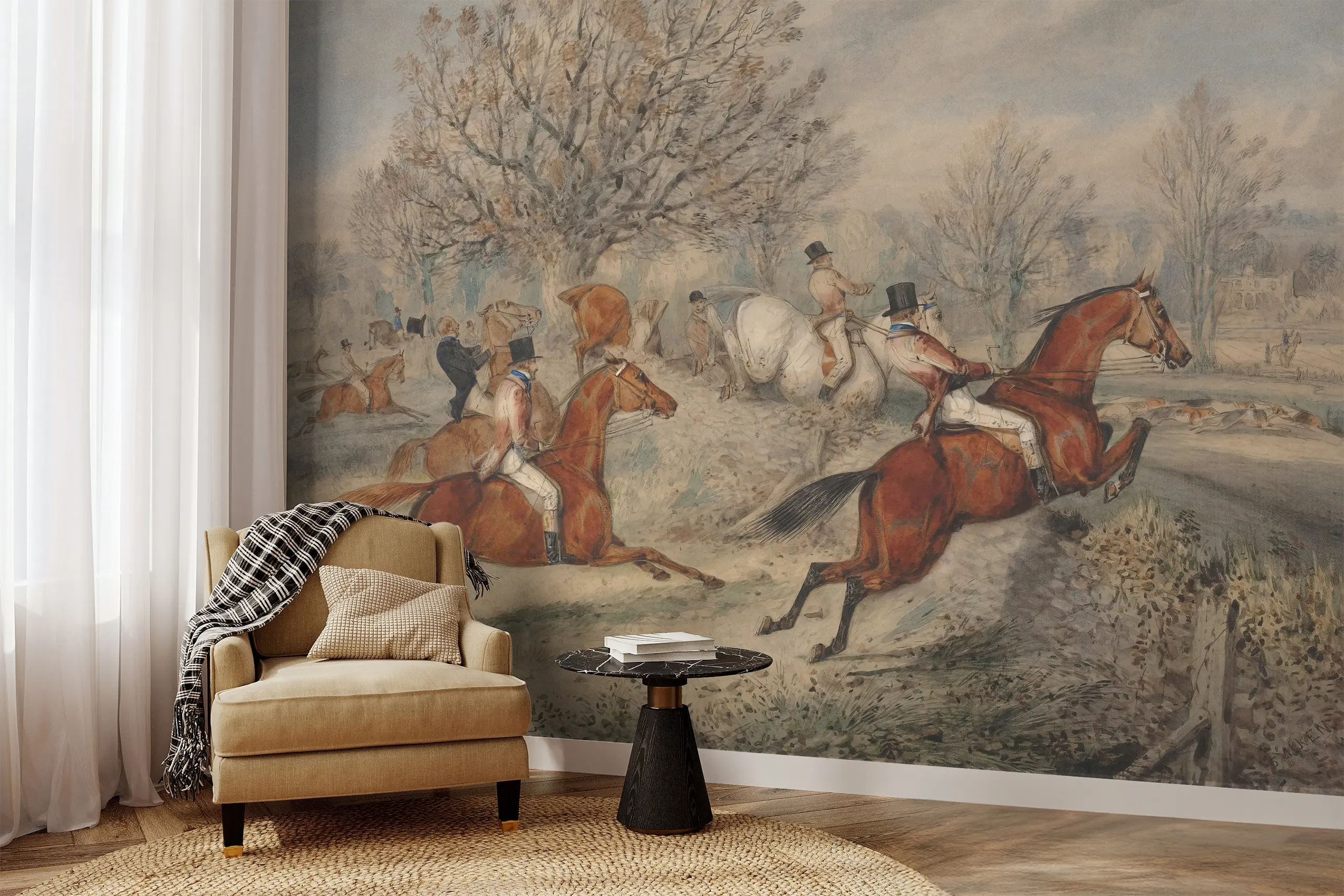 Interior Wall Arts – Vintage Equestrian Wall Mural, Peel and Stick Hunting Scene Wallpaper for Bedroom, Living Room, or Office Interior Wall Arts – Enhance your walls with this vintage equestrian wall mural featuring a classic hunting scene. The peel and stick design offers effortless installation and removal, bringing rustic charm and timeless elegance to bedrooms, living rooms, or offices with traditional style.