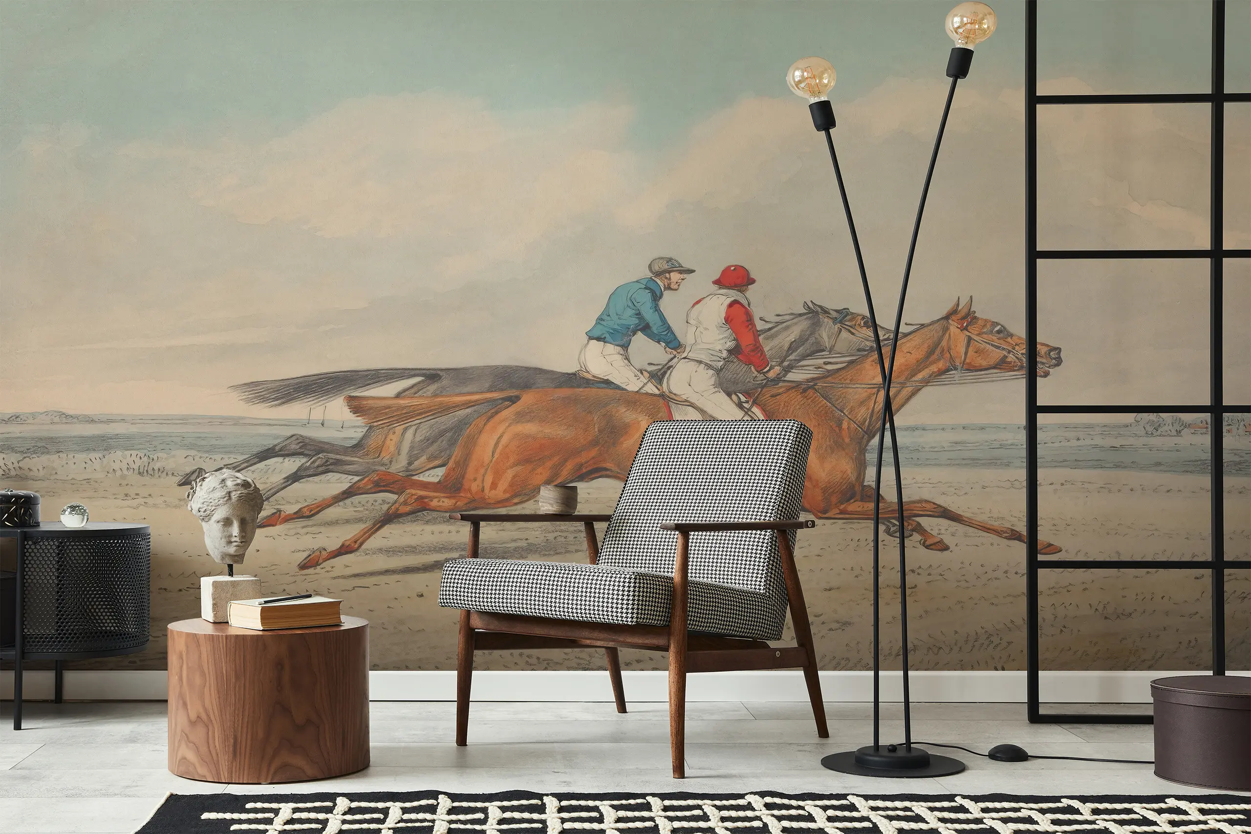 Interior Wall Arts – Vintage Horse Racing Wallpaper Mural, Two Jockeys Peel and Stick Mural for Bedroom, Living Room, or Office Interior Wall Arts – Capture the thrill of the race with this vintage horse racing wallpaper mural featuring two jockeys in action. The peel and stick design offers easy installation, making it perfect for bedrooms, living rooms, or offices. Add dynamic energy and timeless charm to your walls.