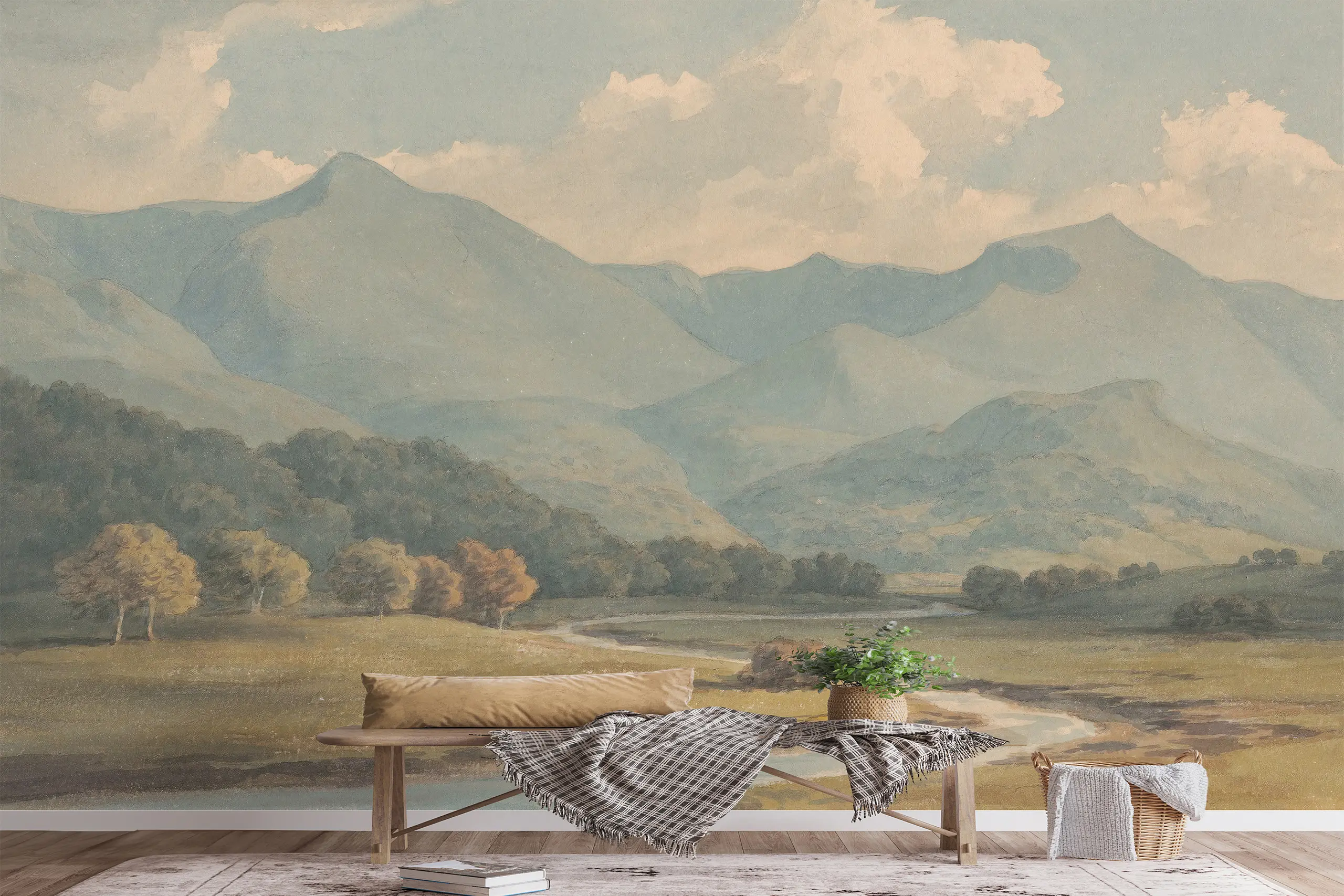 Interior Wall Arts – Vintage Mountain Mural Wallpaper, Peel and Stick Scenic Wall Art for Bedroom, Living Room, or Office Interior Wall Arts – Transform your walls with this vintage mountain mural wallpaper. Featuring a scenic design in an easy peel and stick format, it brings natural beauty and timeless elegance to bedrooms, living rooms, or offices. Create a peaceful and stylish atmosphere effortlessly.