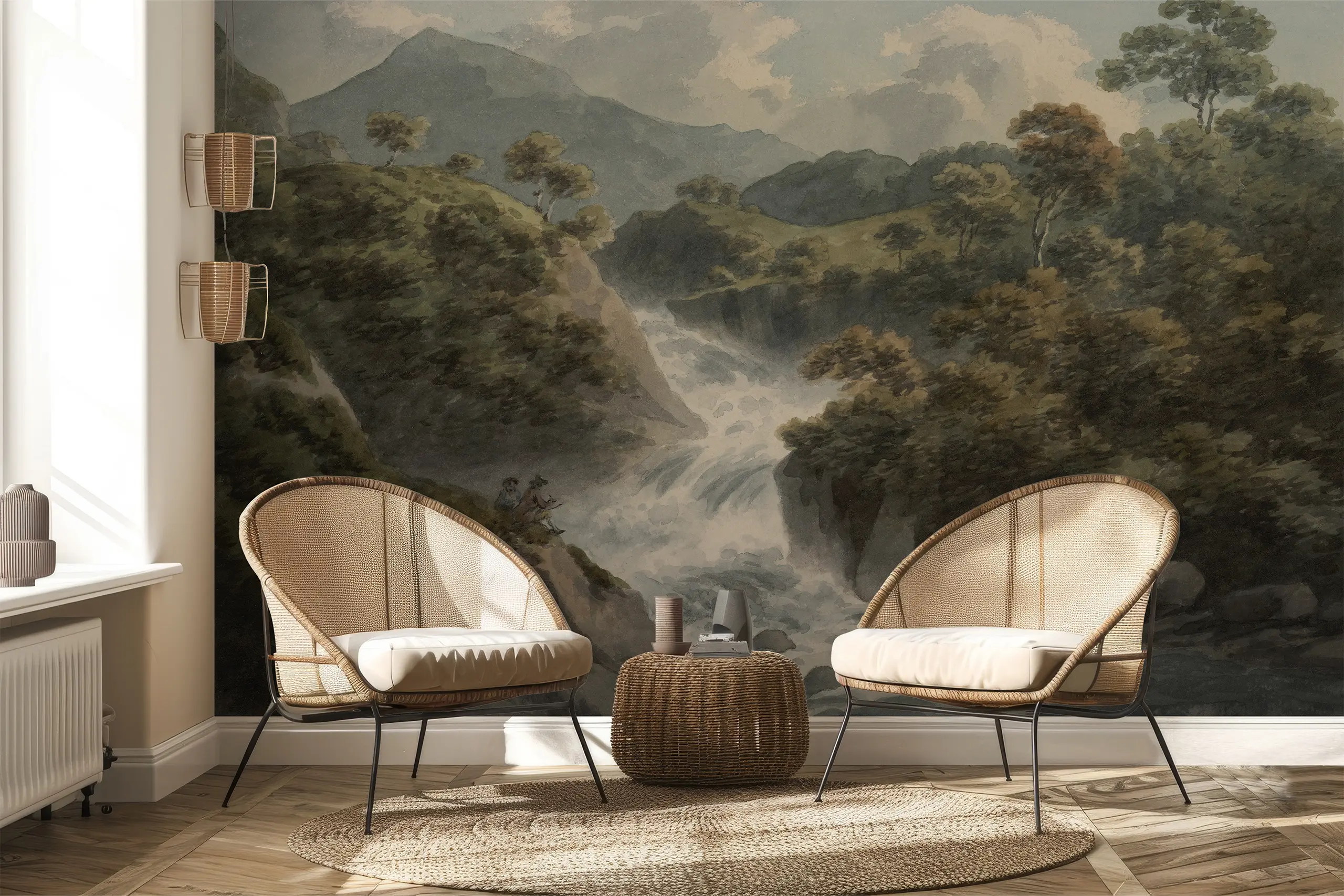 Interior Wall Arts – Vintage Waterfall Landscape Mural, Rustic Mountain River Wall Art for Bedroom, Living Room, or Office Interior Wall Arts – Bring the beauty of nature indoors with this vintage waterfall landscape mural. Featuring a rustic mountain river scene, it adds timeless elegance and tranquility to bedrooms, living rooms, or offices. Easy to apply peel and stick design transforms your walls instantly.